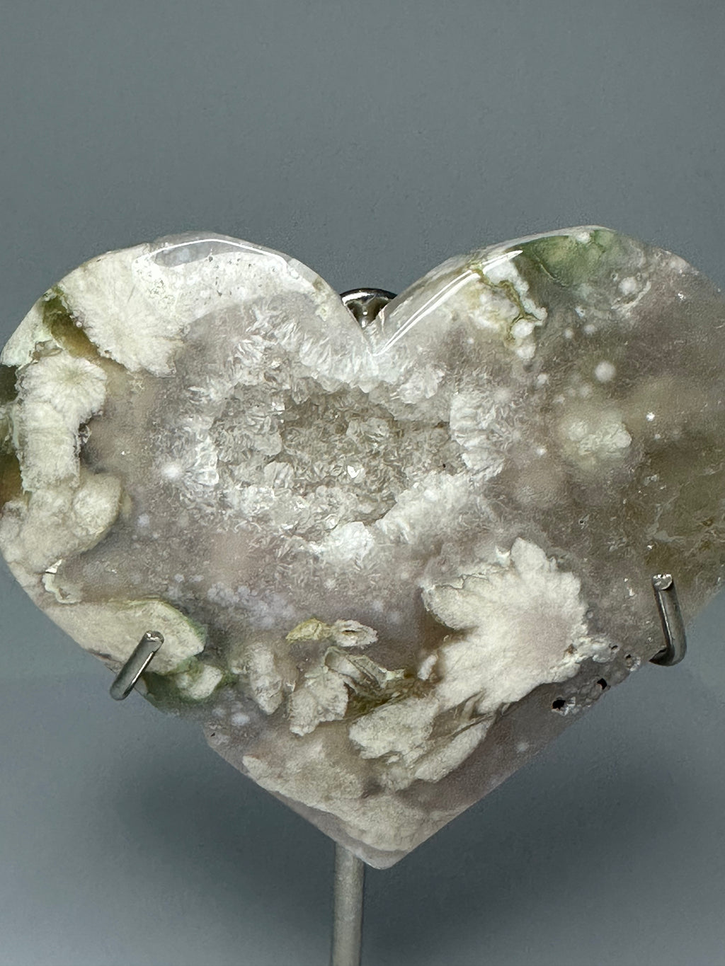 Flower Agate Heart with Druzy on Stand – 185g