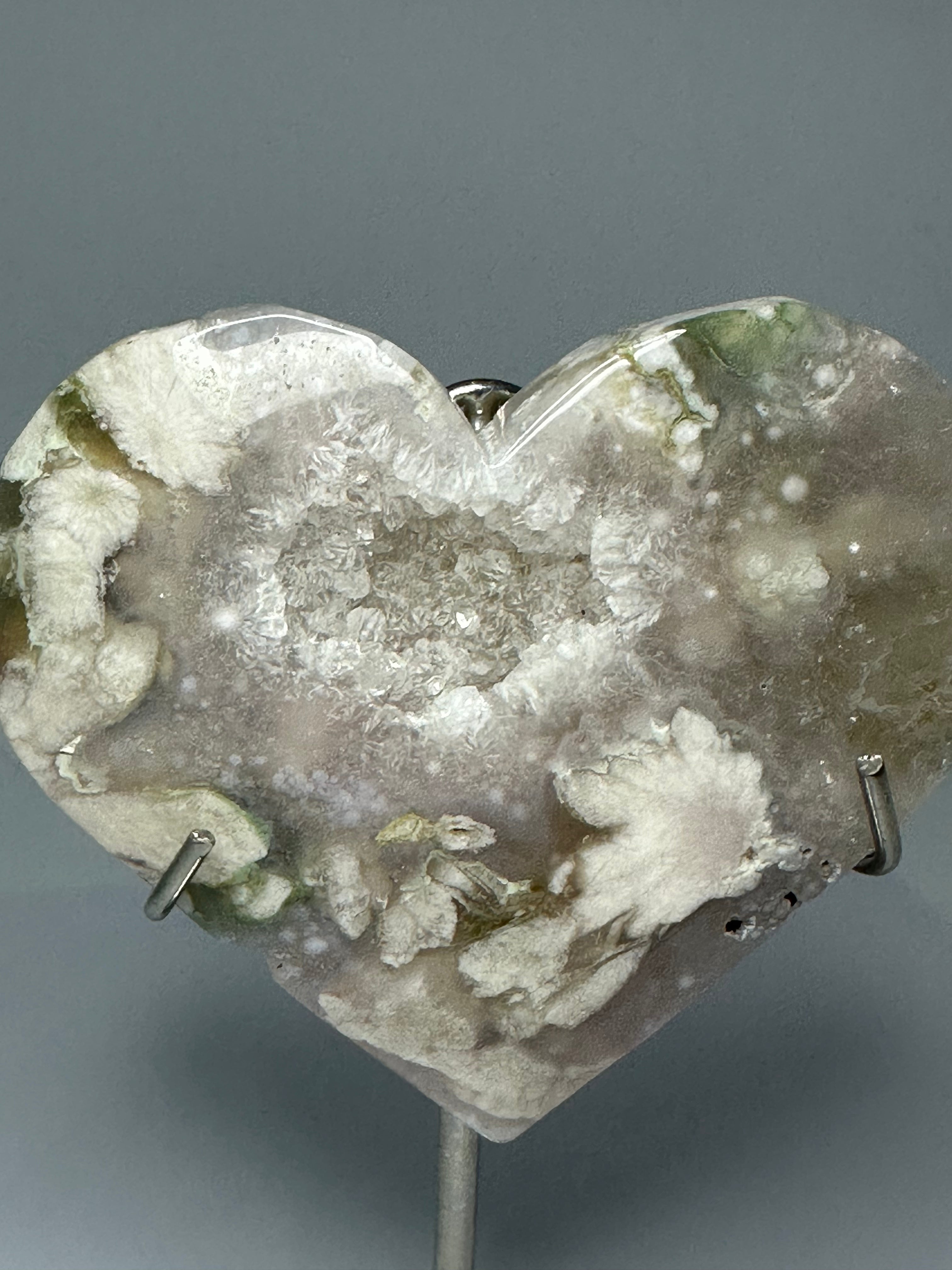 Flower Agate Heart with Druzy on Stand – 185g