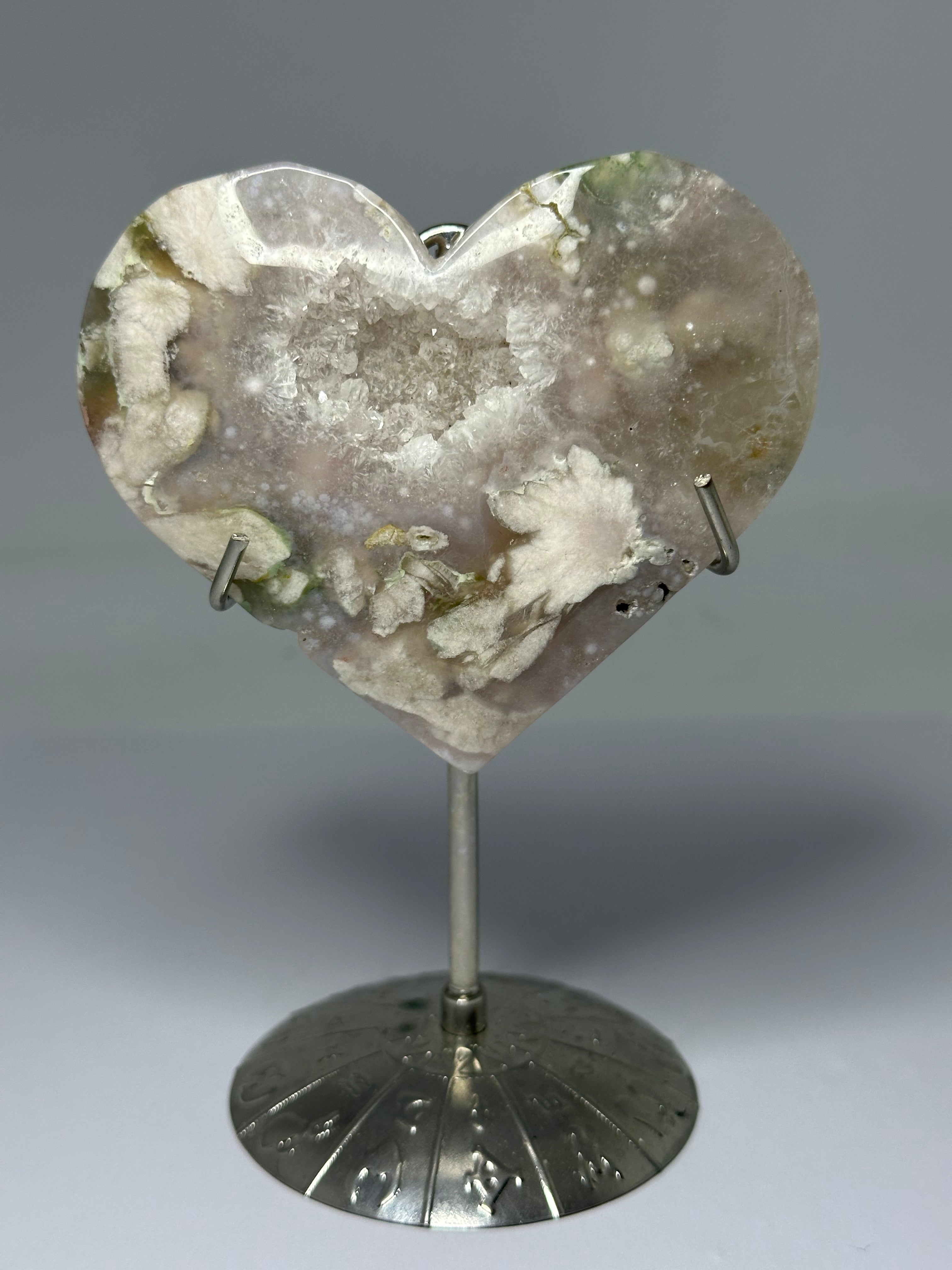 Flower Agate Heart with Druzy on Stand – 185g