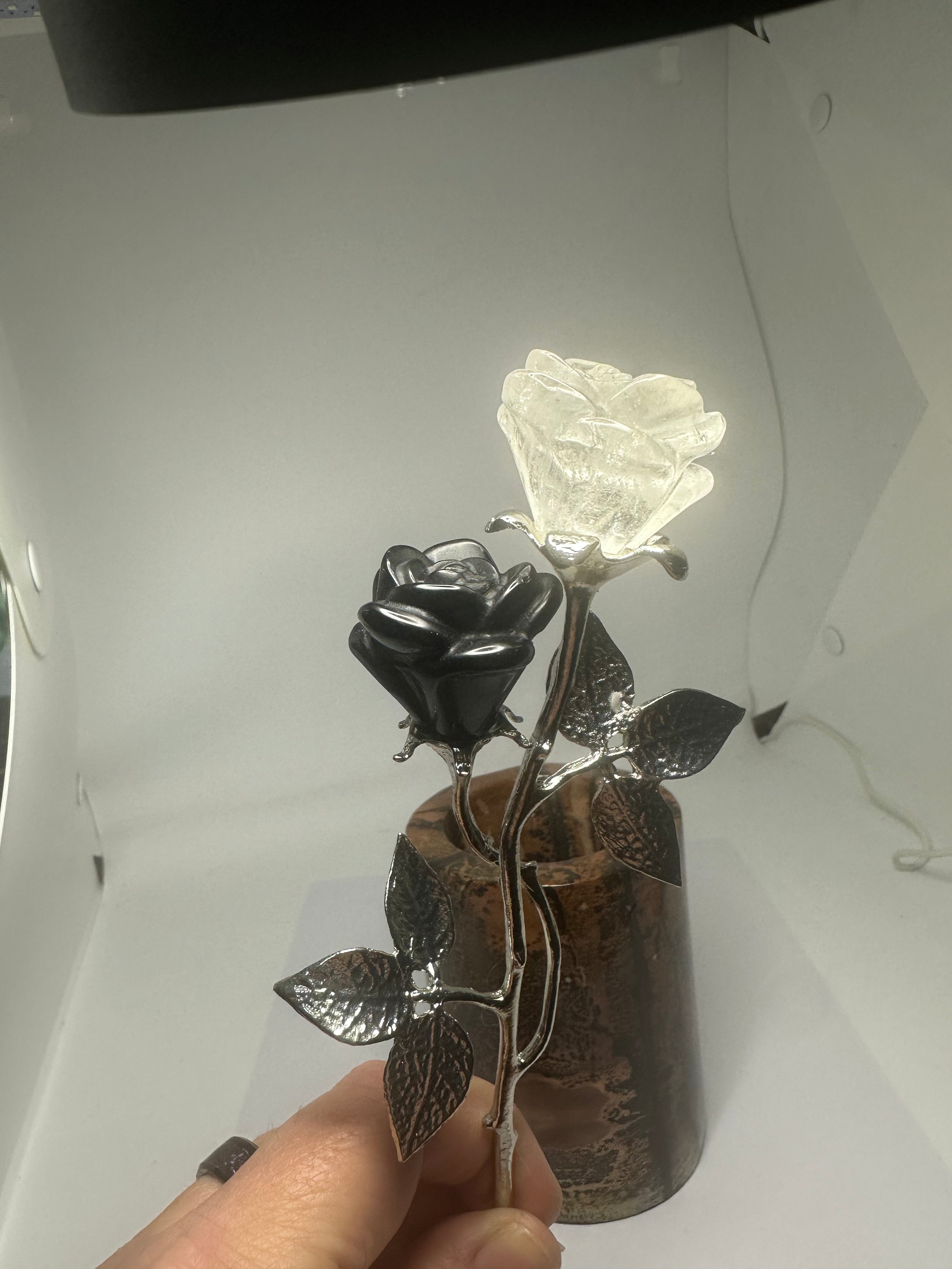 Double Rose with Silver Metal Stem – Black Obsidian & Clear Quartz – 90g