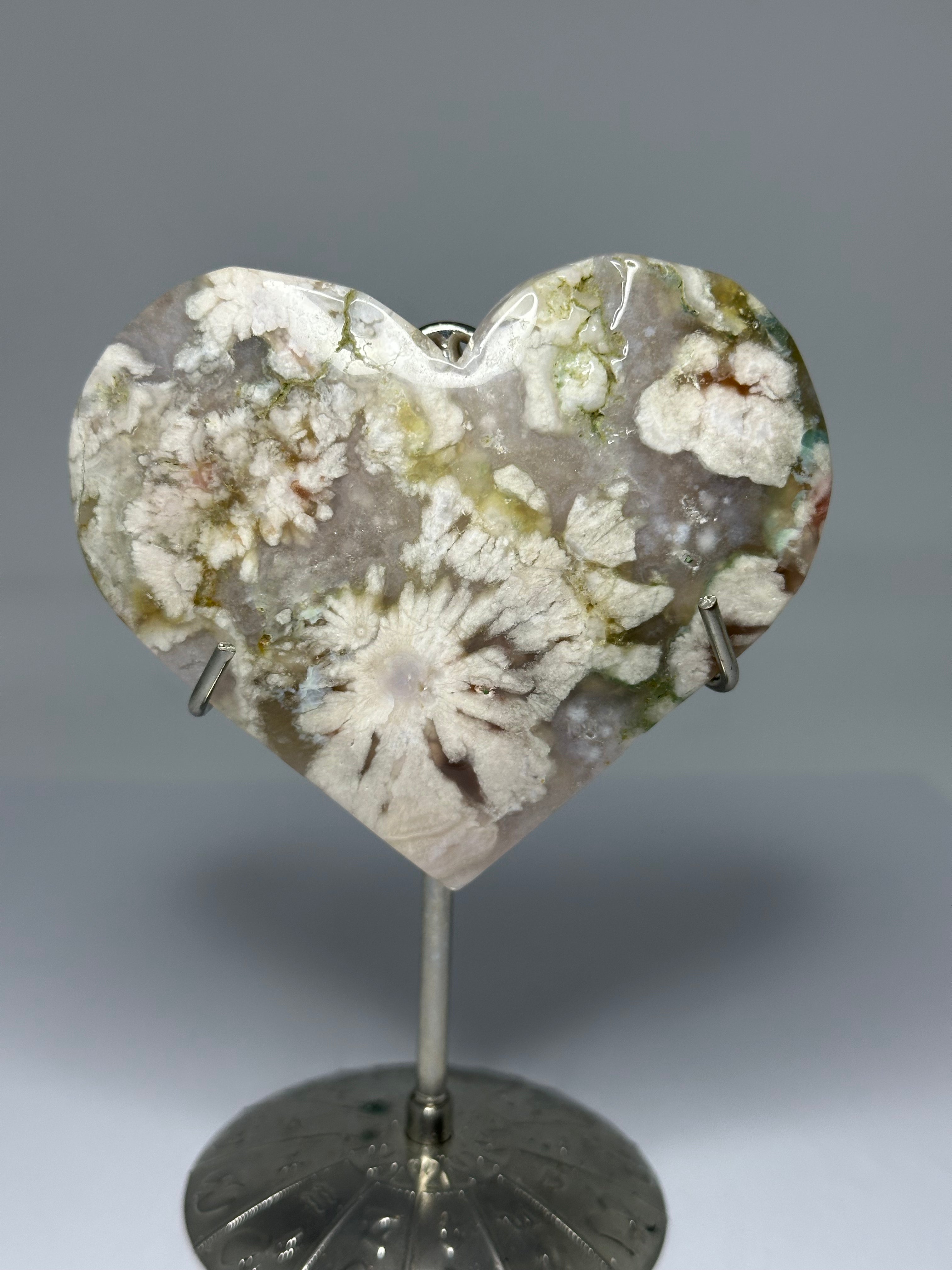 Flower Agate Heart with Druzy on Stand – 185g