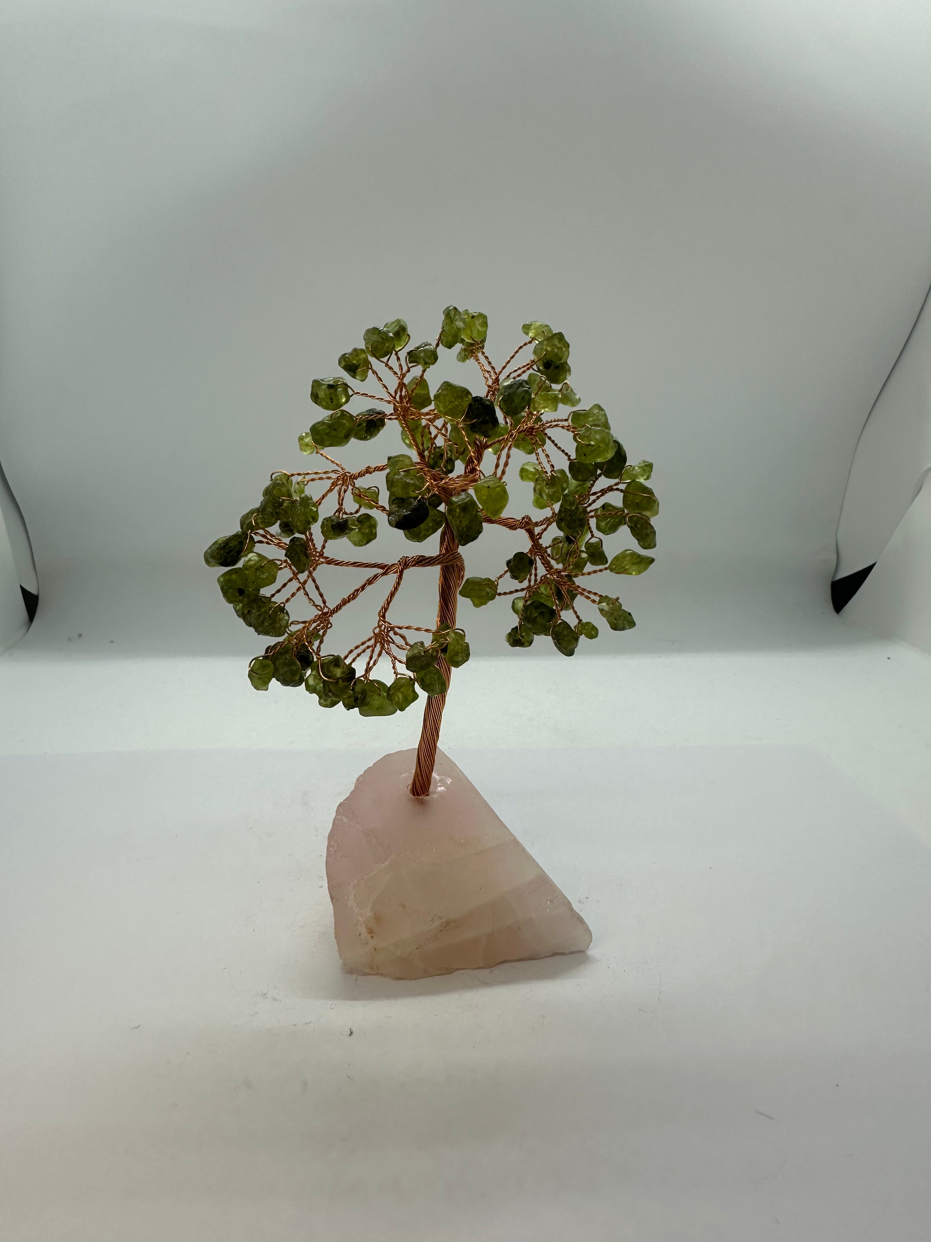 Peridot Crystal Chip Tree on Rose Quartz Base – 164g