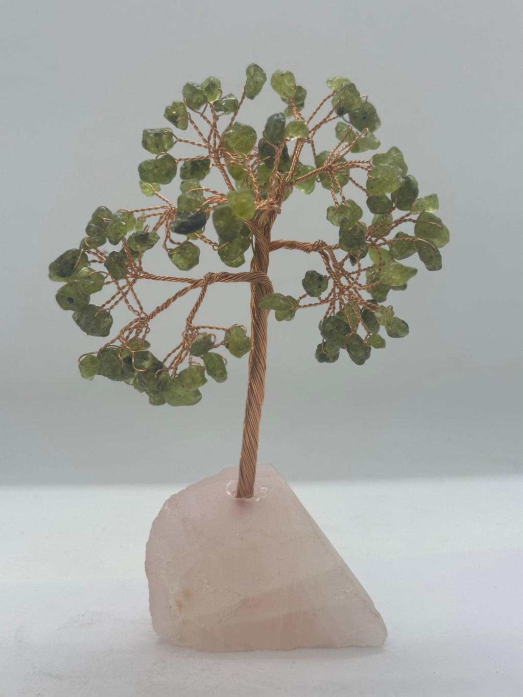 Peridot Crystal Chip Tree on Rose Quartz Base – 164g