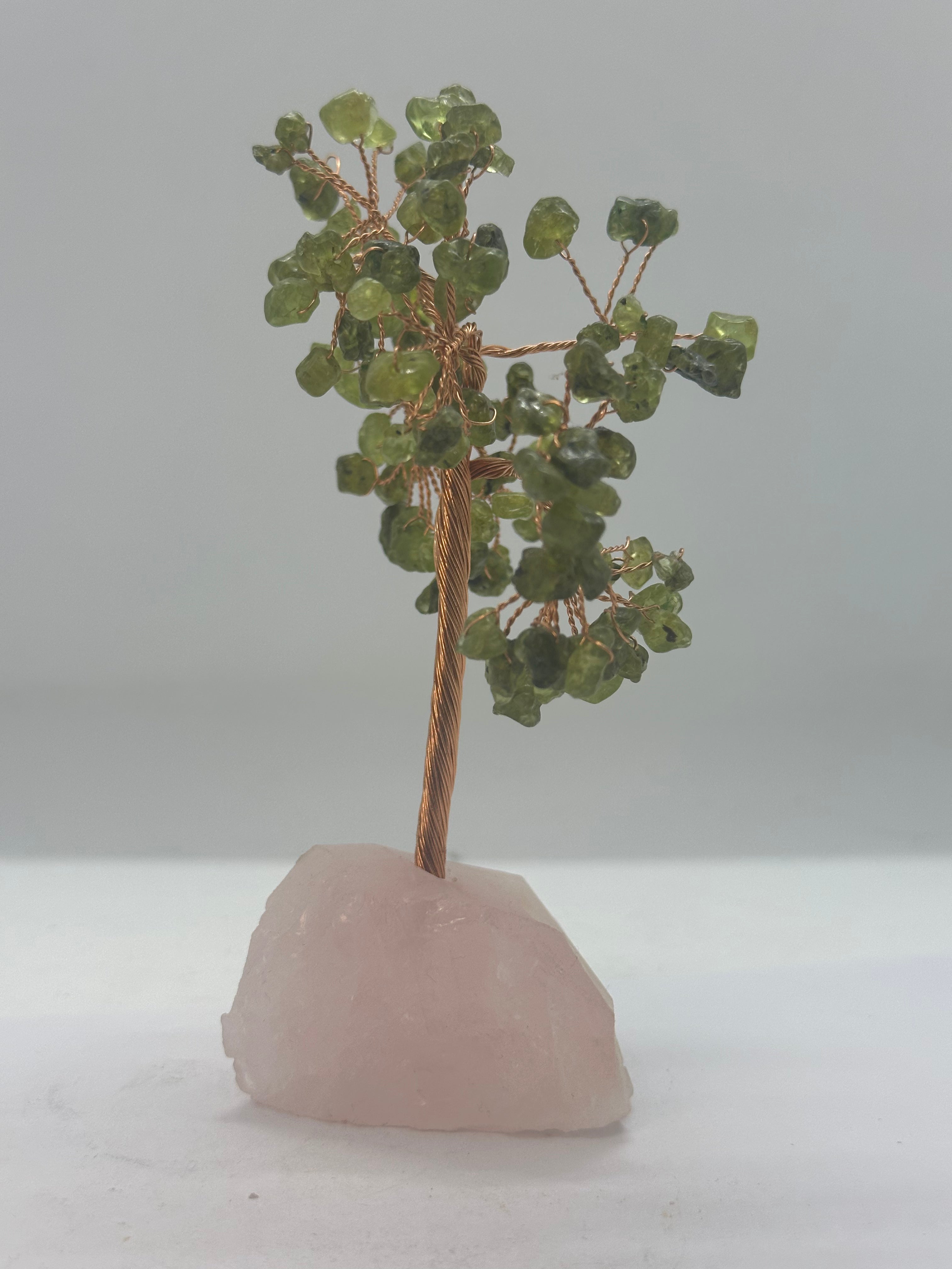 Peridot Crystal Chip Tree on Rose Quartz Base – 164g