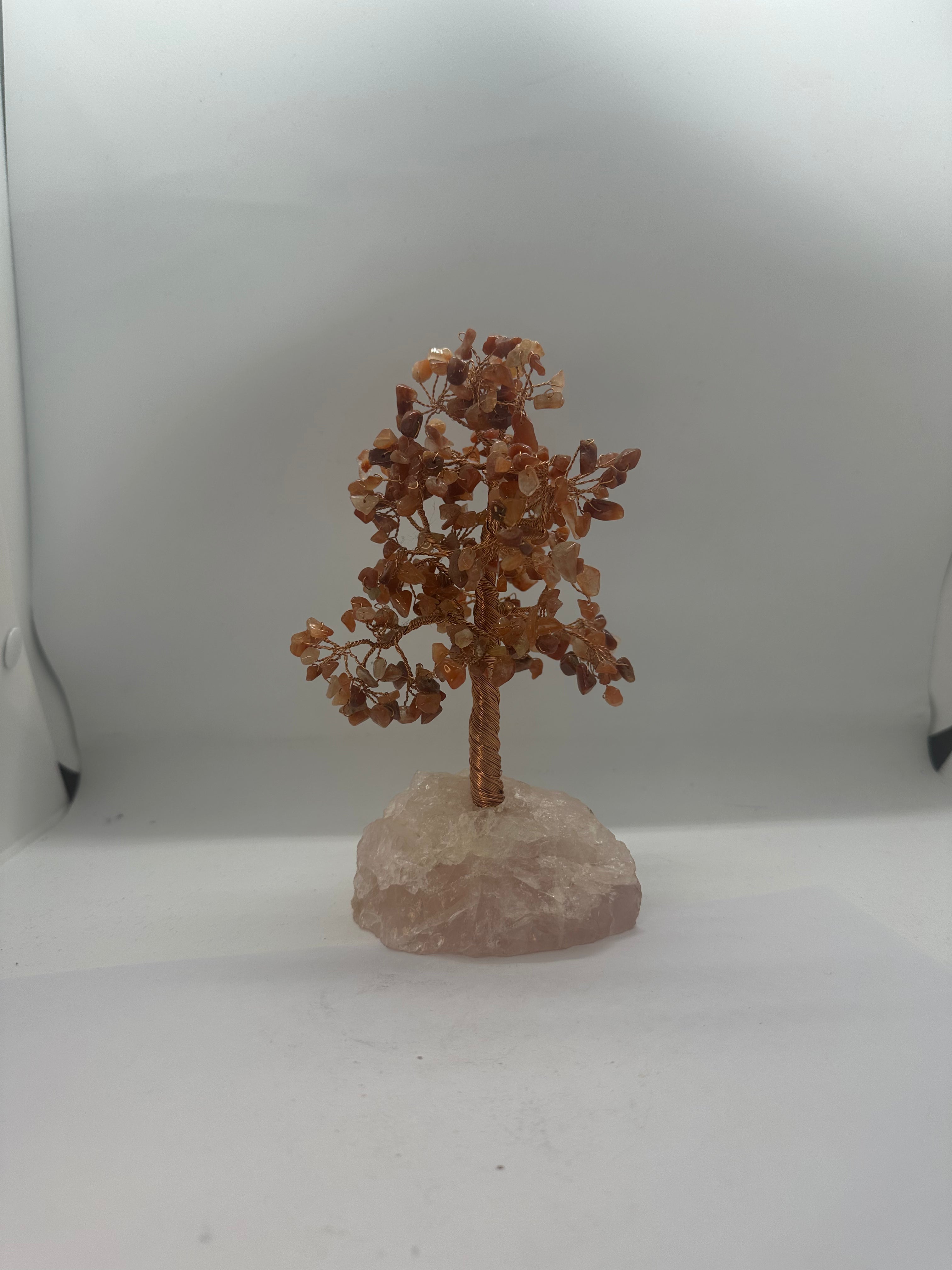 Carnelian Crystal Chip Tree on Rose Quartz Base – 422g