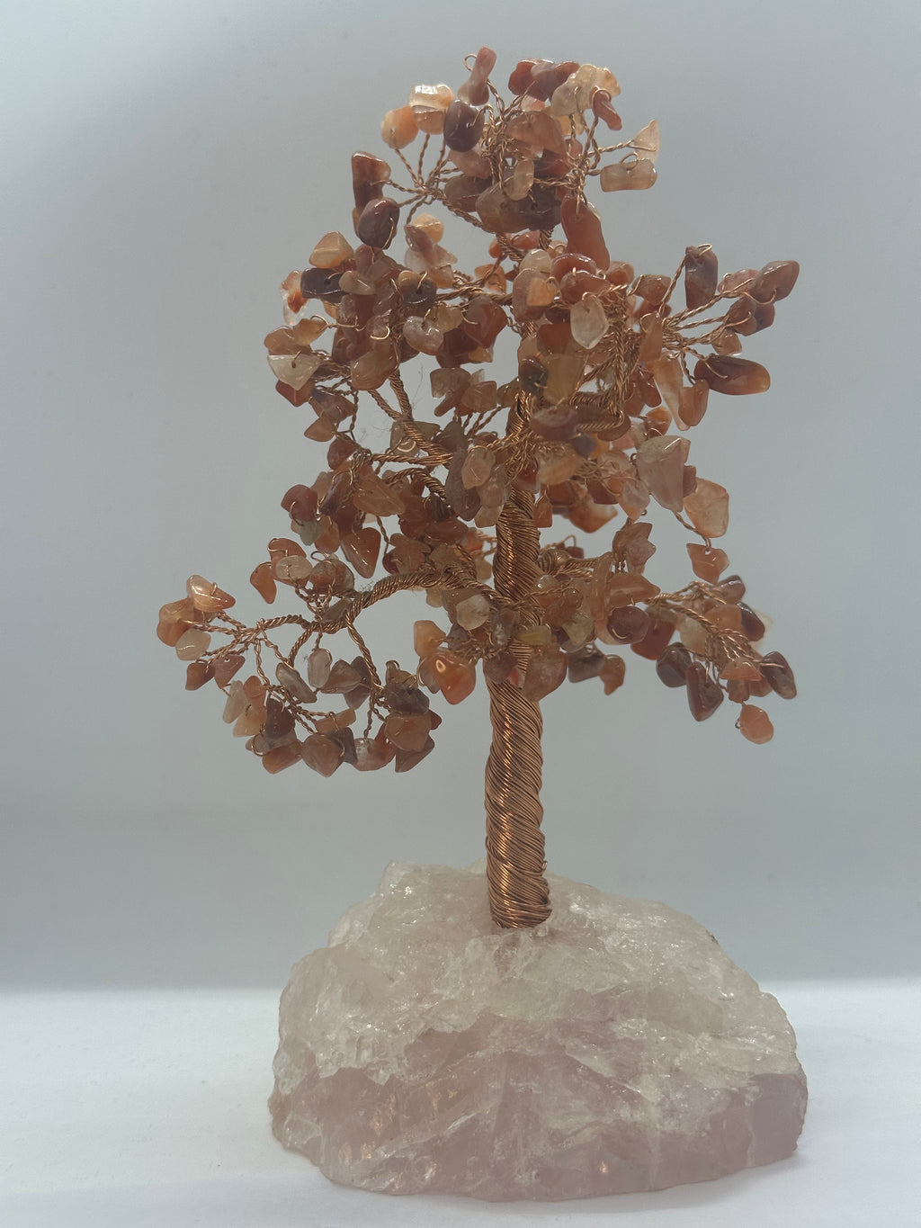 Carnelian Crystal Chip Tree on Rose Quartz Base – 422g