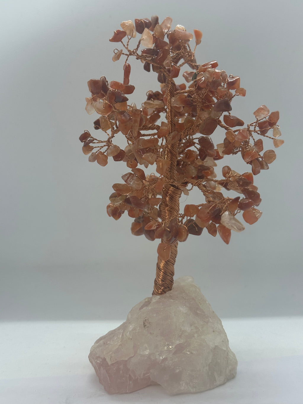 Carnelian Crystal Chip Tree on Rose Quartz Base – 422g