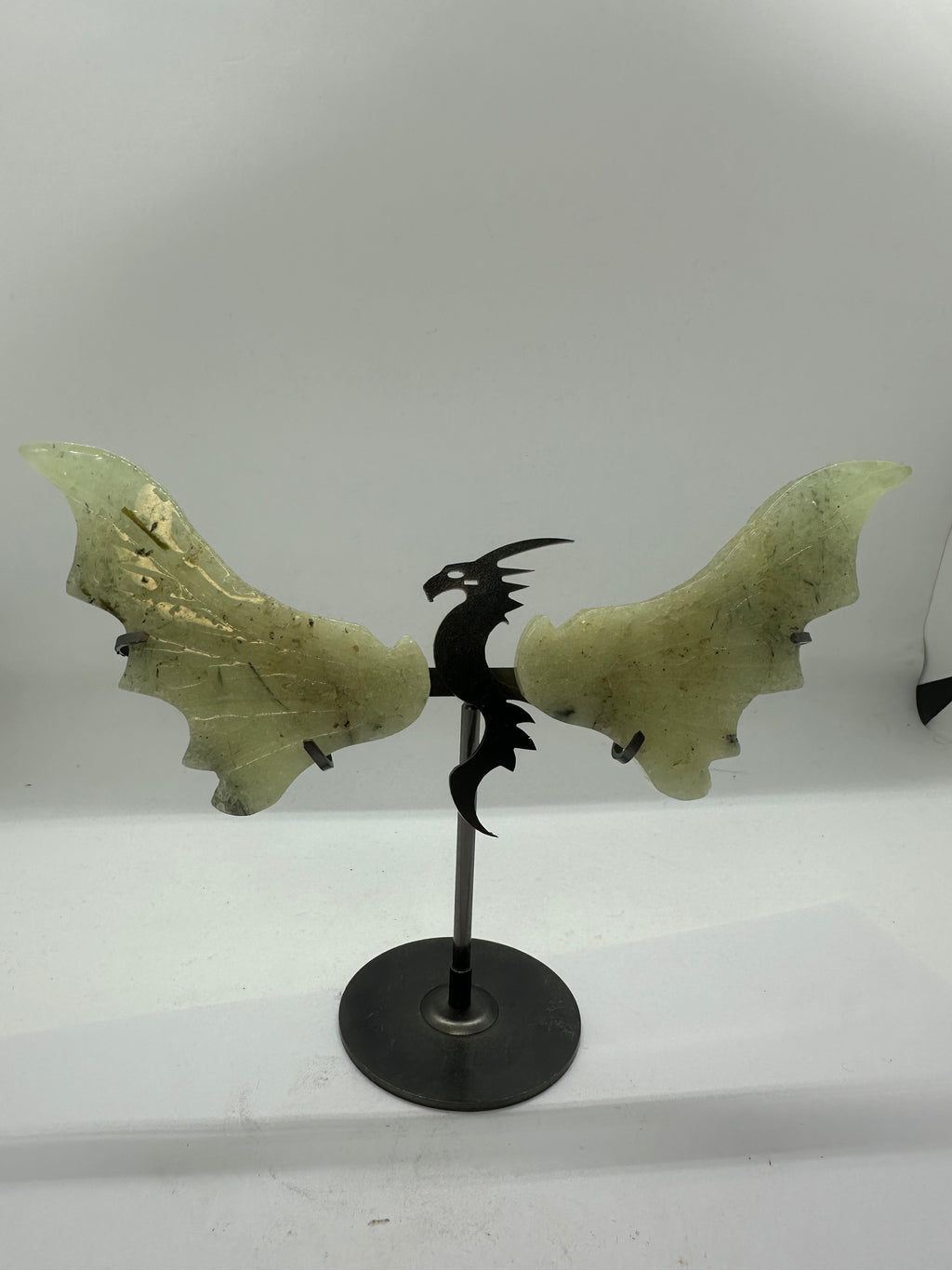 Prehnite Dragon Wing Set on Stand – 150g