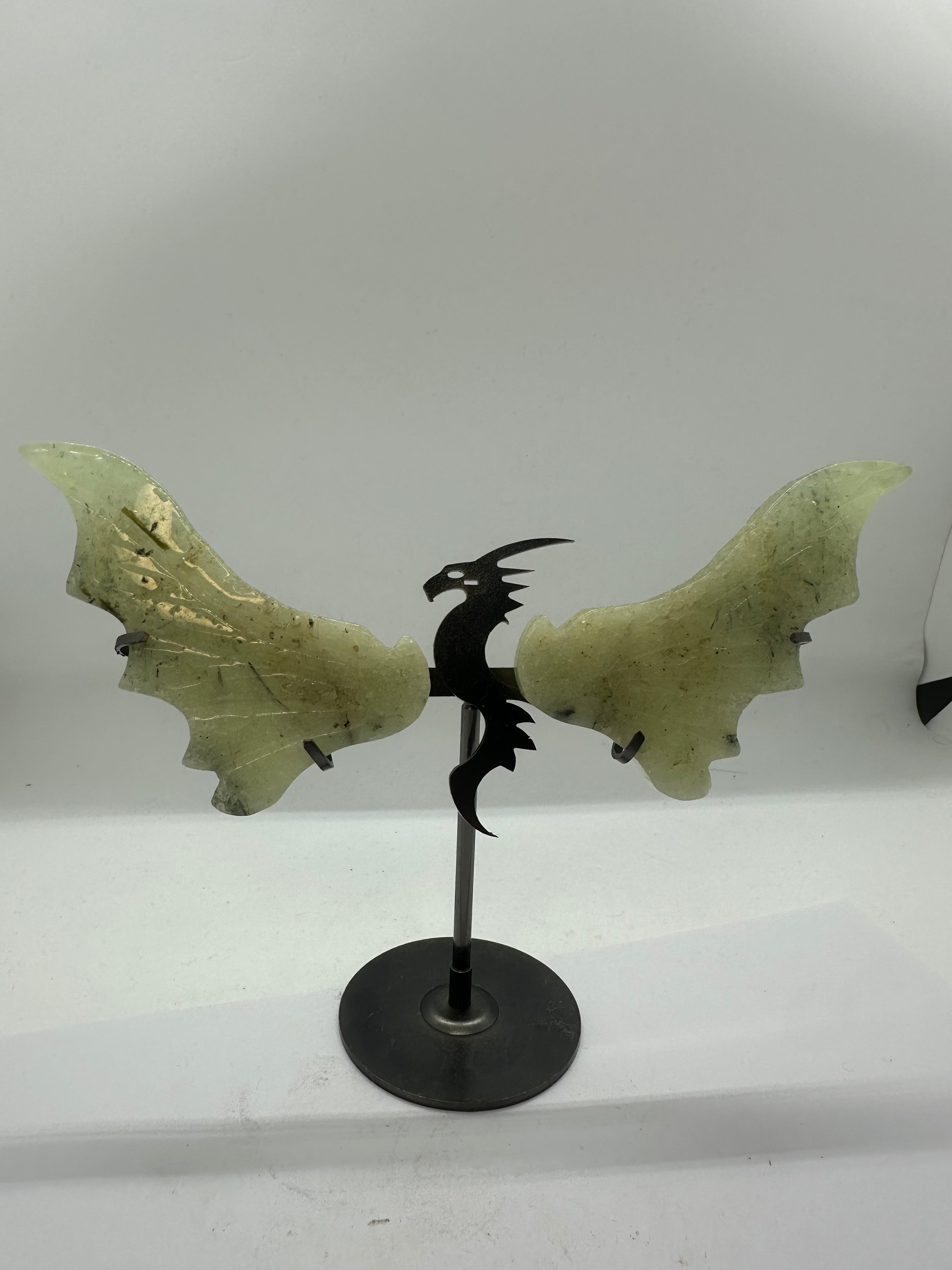 Prehnite Dragon Wing Set on Stand – 150g