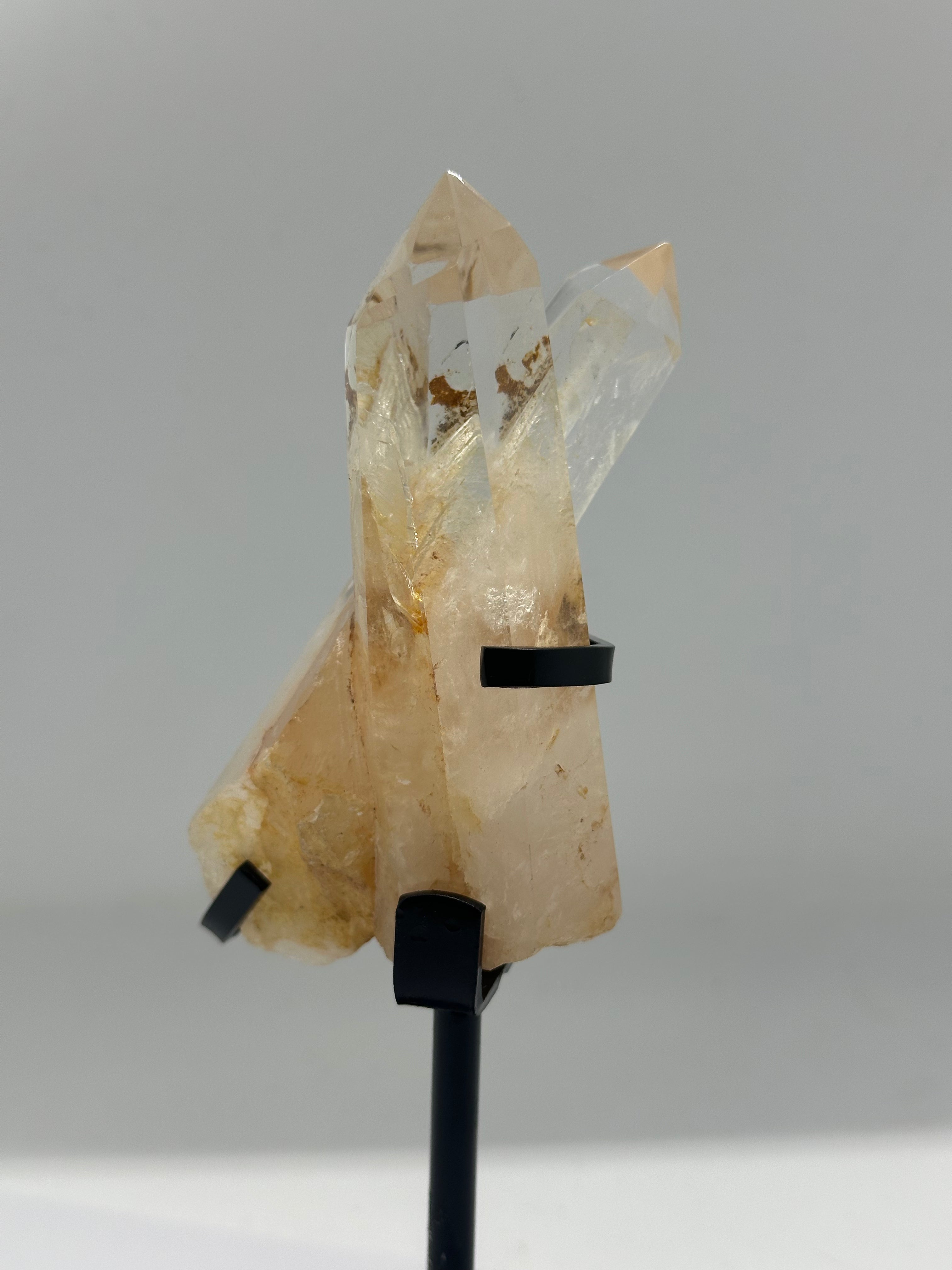 Clear Quartz Twin Tower with Raw Base in Custom Stand