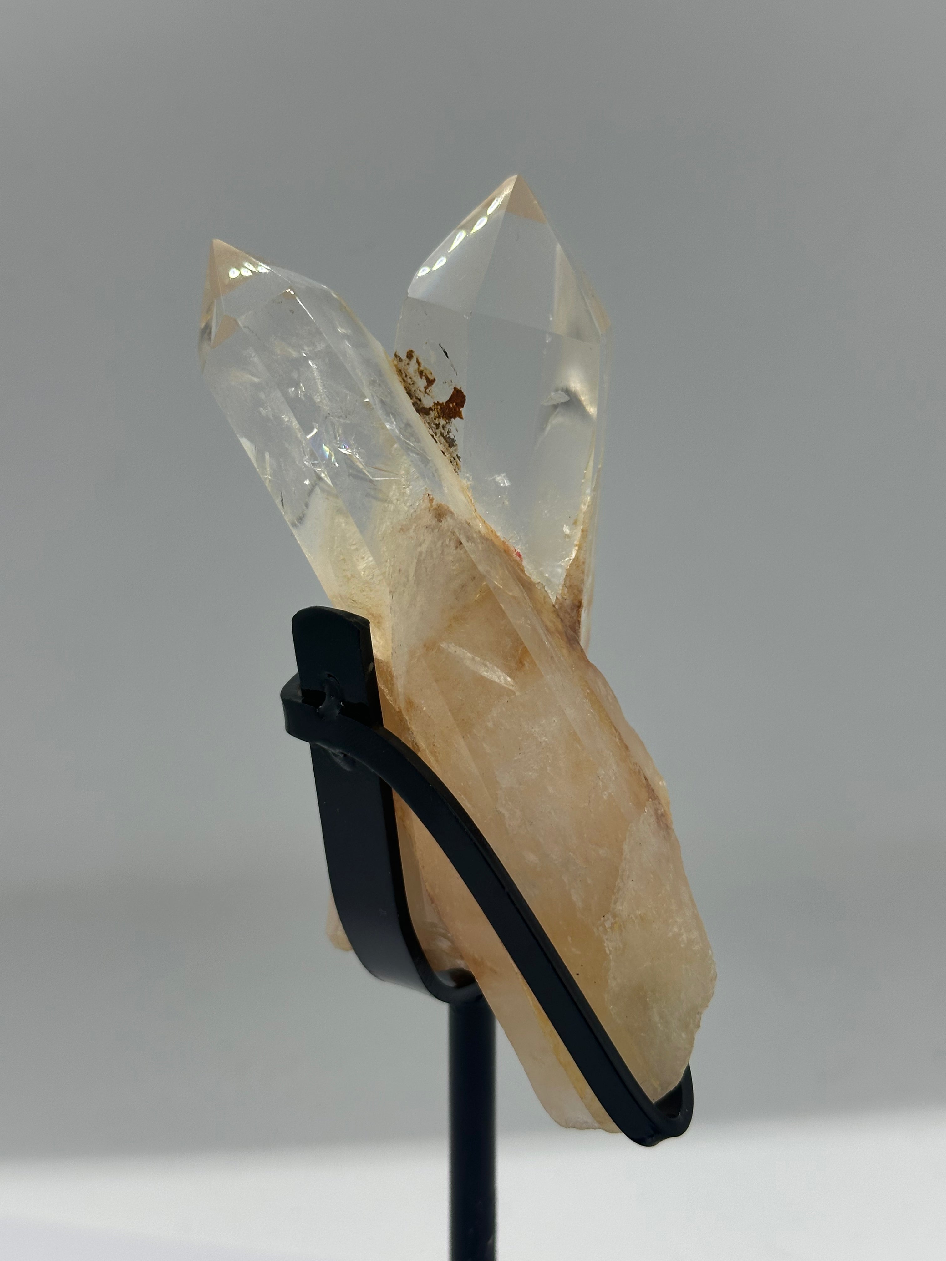 Clear Quartz Twin Tower with Raw Base in Custom Stand