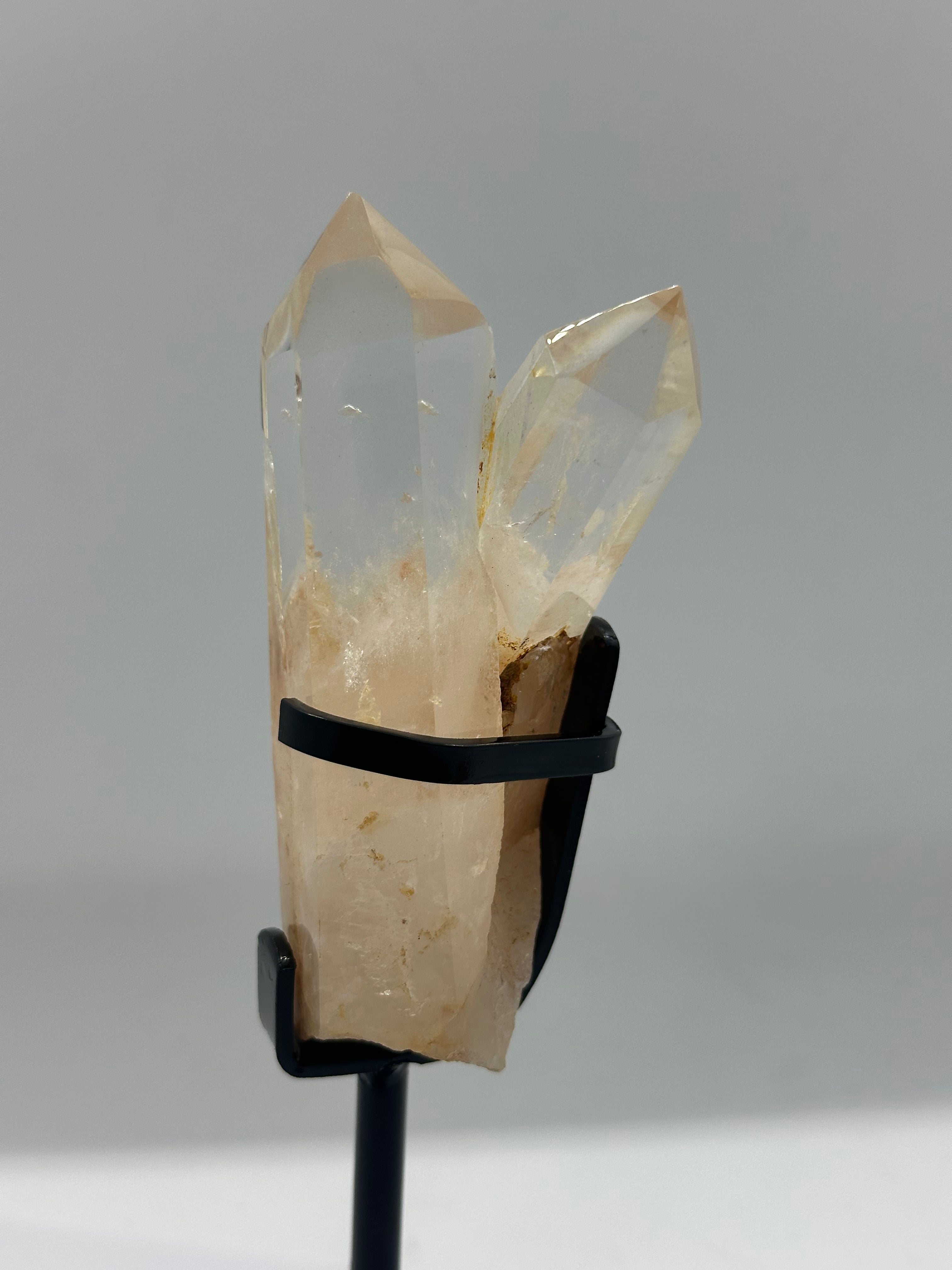 Clear Quartz Twin Tower with Raw Base in Custom Stand
