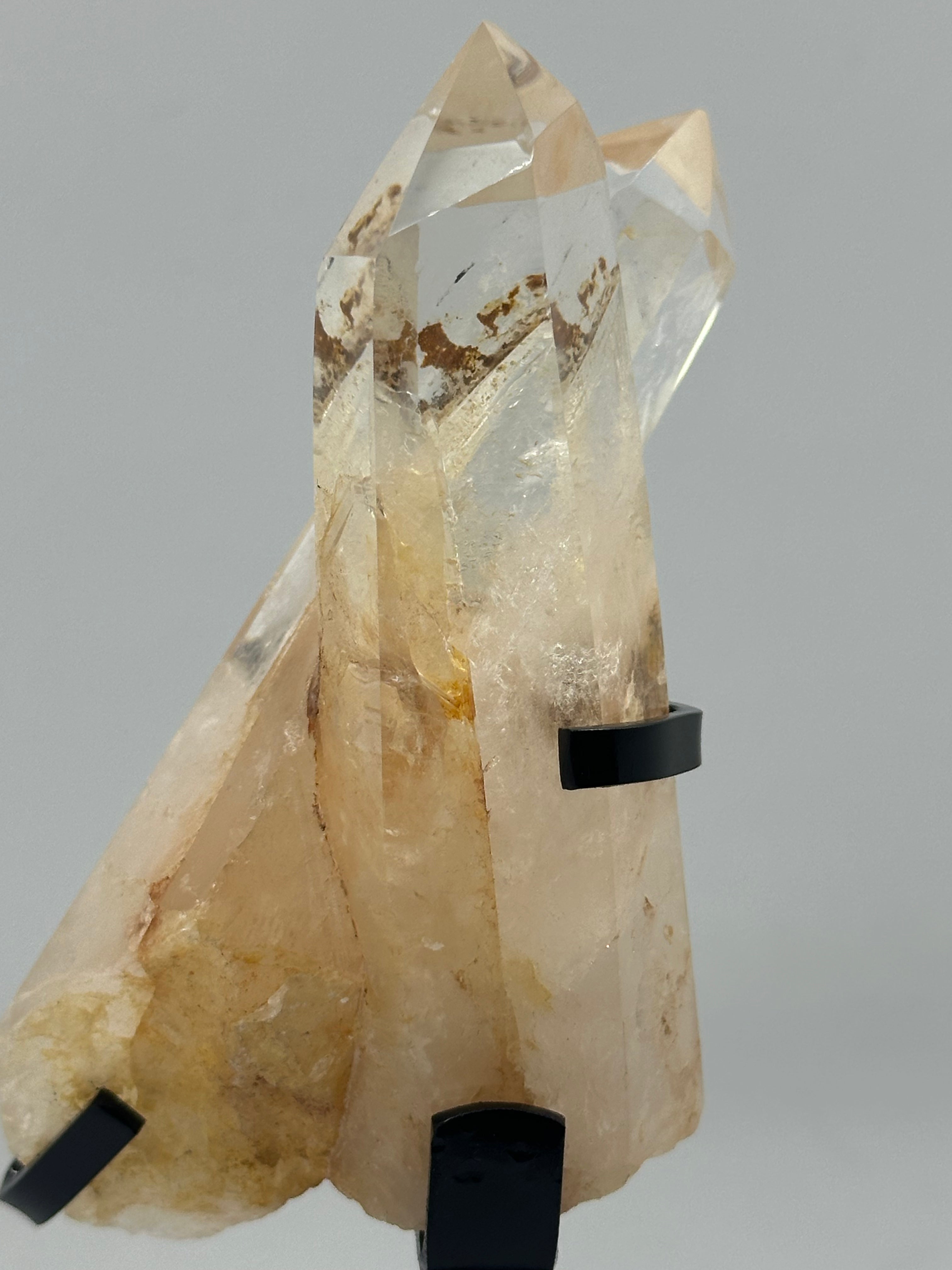 Clear Quartz Twin Tower with Raw Base in Custom Stand