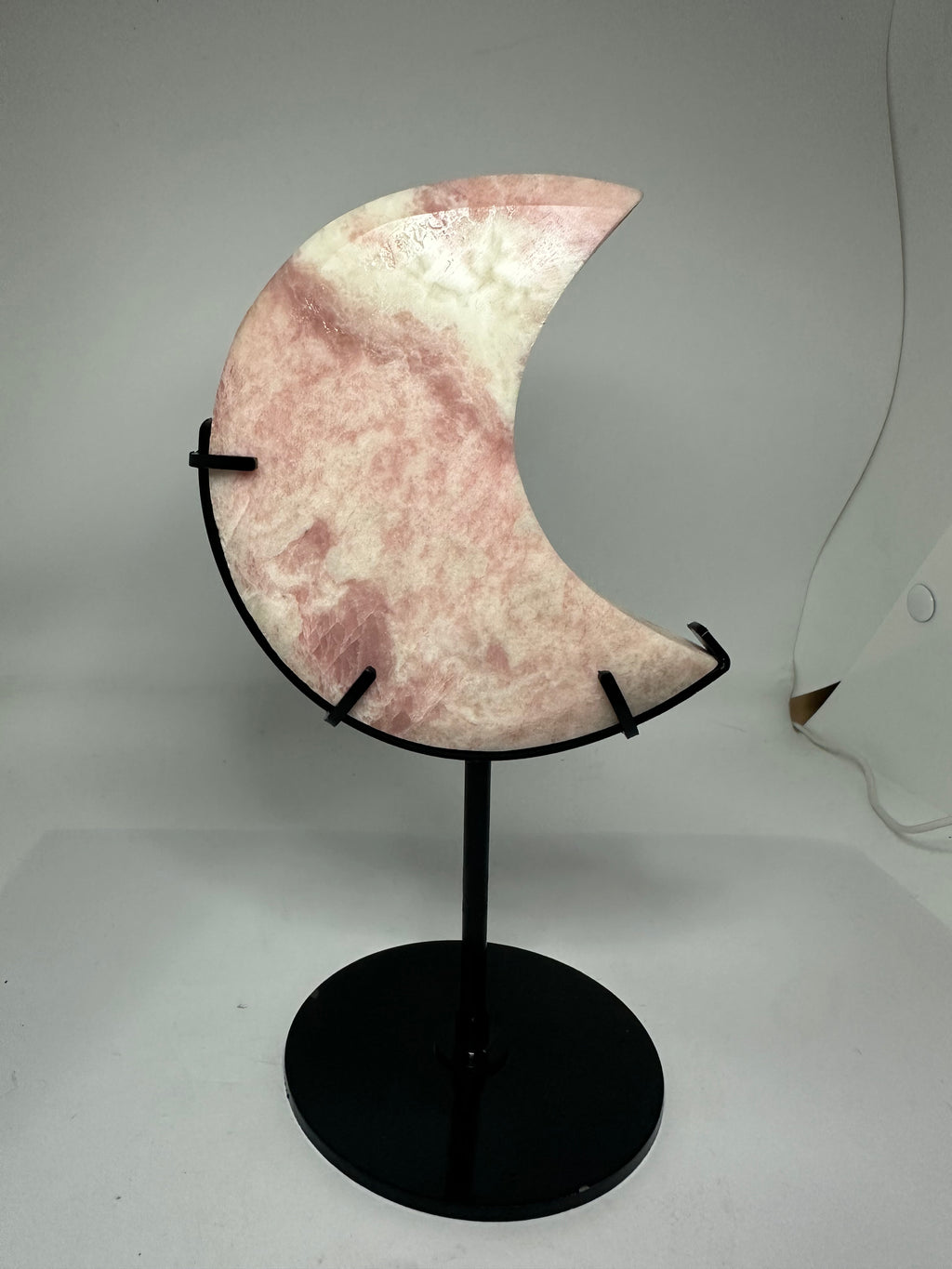 Pink Opal Moon Carving on Custom Stand – 570g