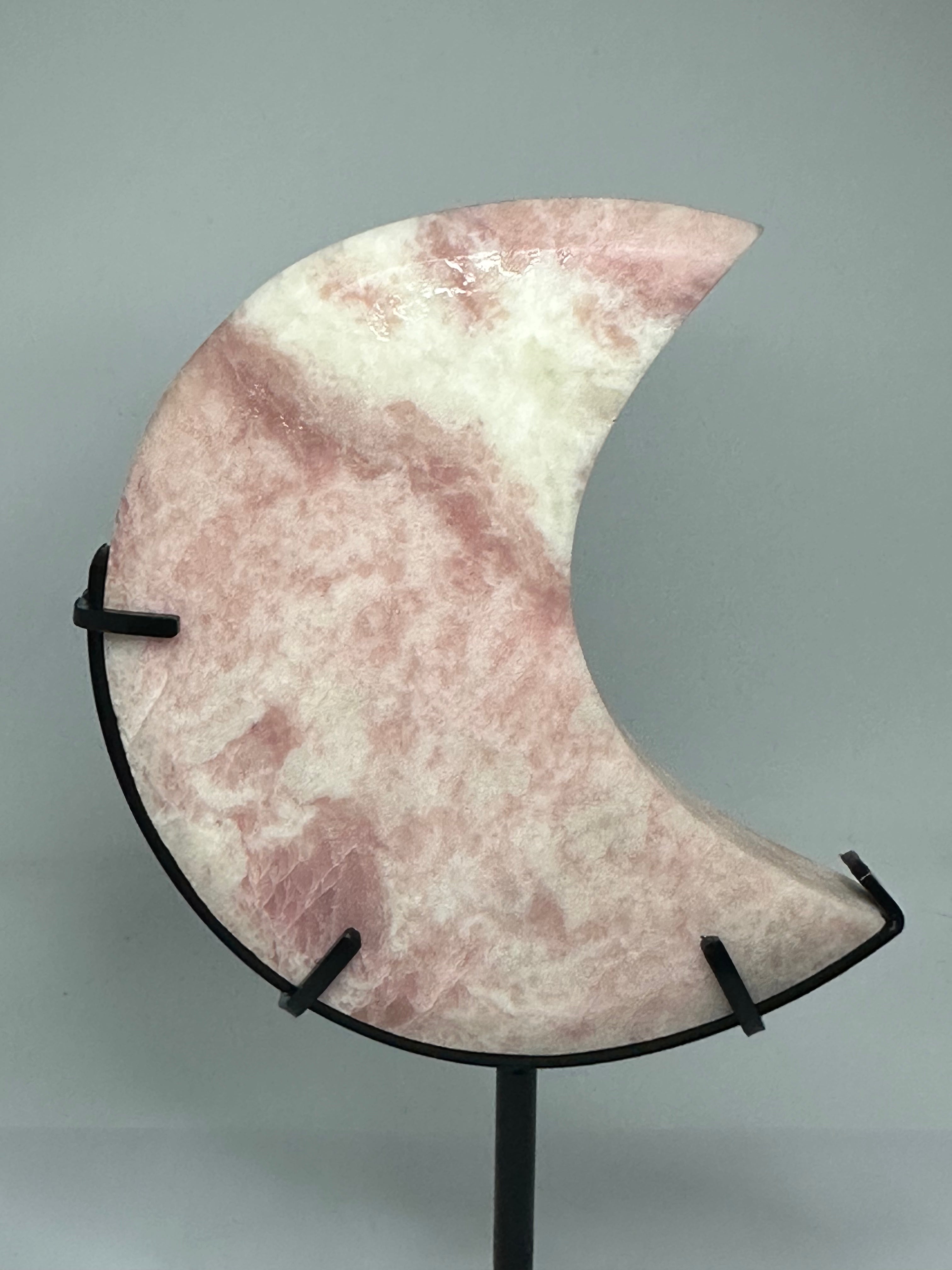 Pink Opal Moon Carving on Custom Stand – 570g