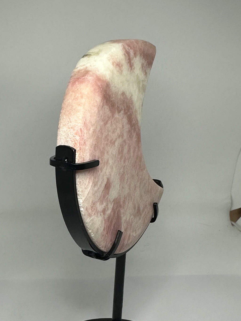 Pink Opal Moon Carving on Custom Stand – 570g