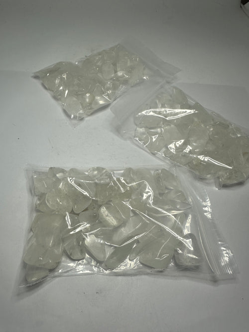 Tumbled clear quartz chips, 100g, shown from another angle