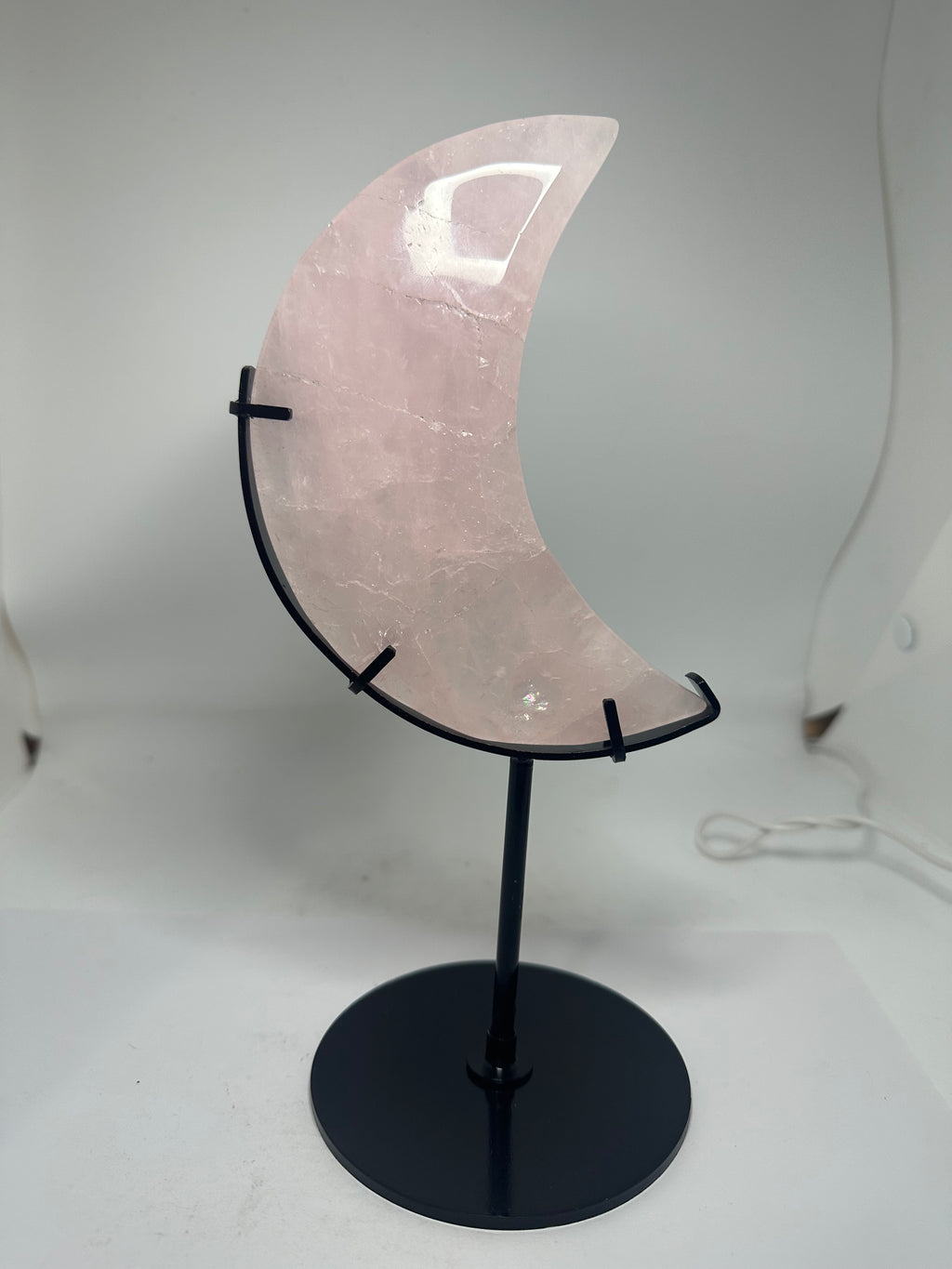 Rose Quartz Moon Carving on Custom Stand – 573g