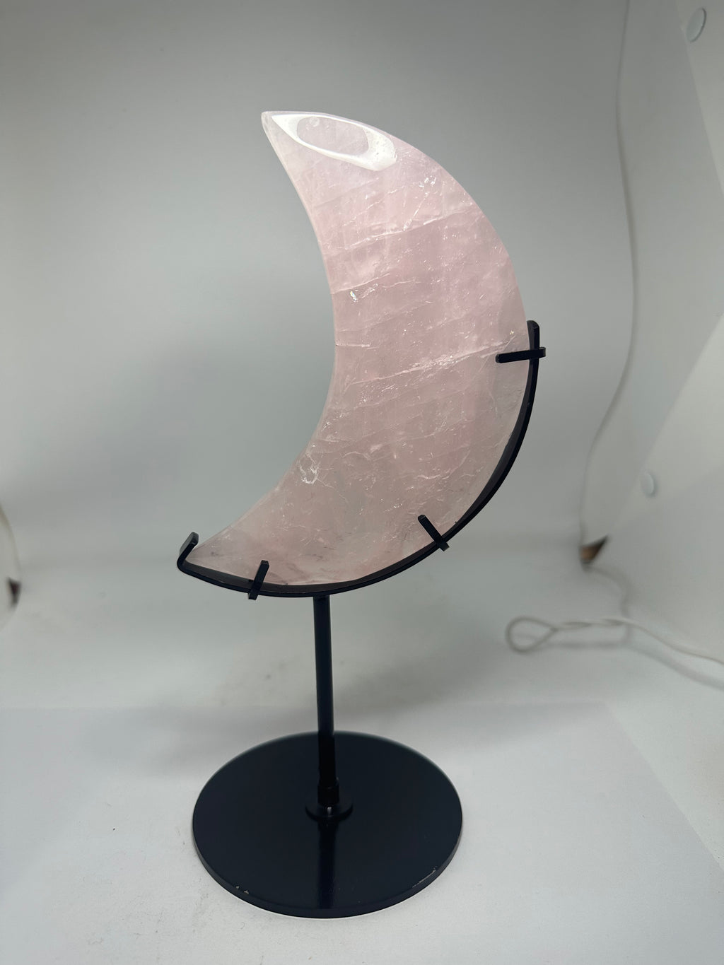 Rose Quartz Moon Carving on Custom Stand – 573g