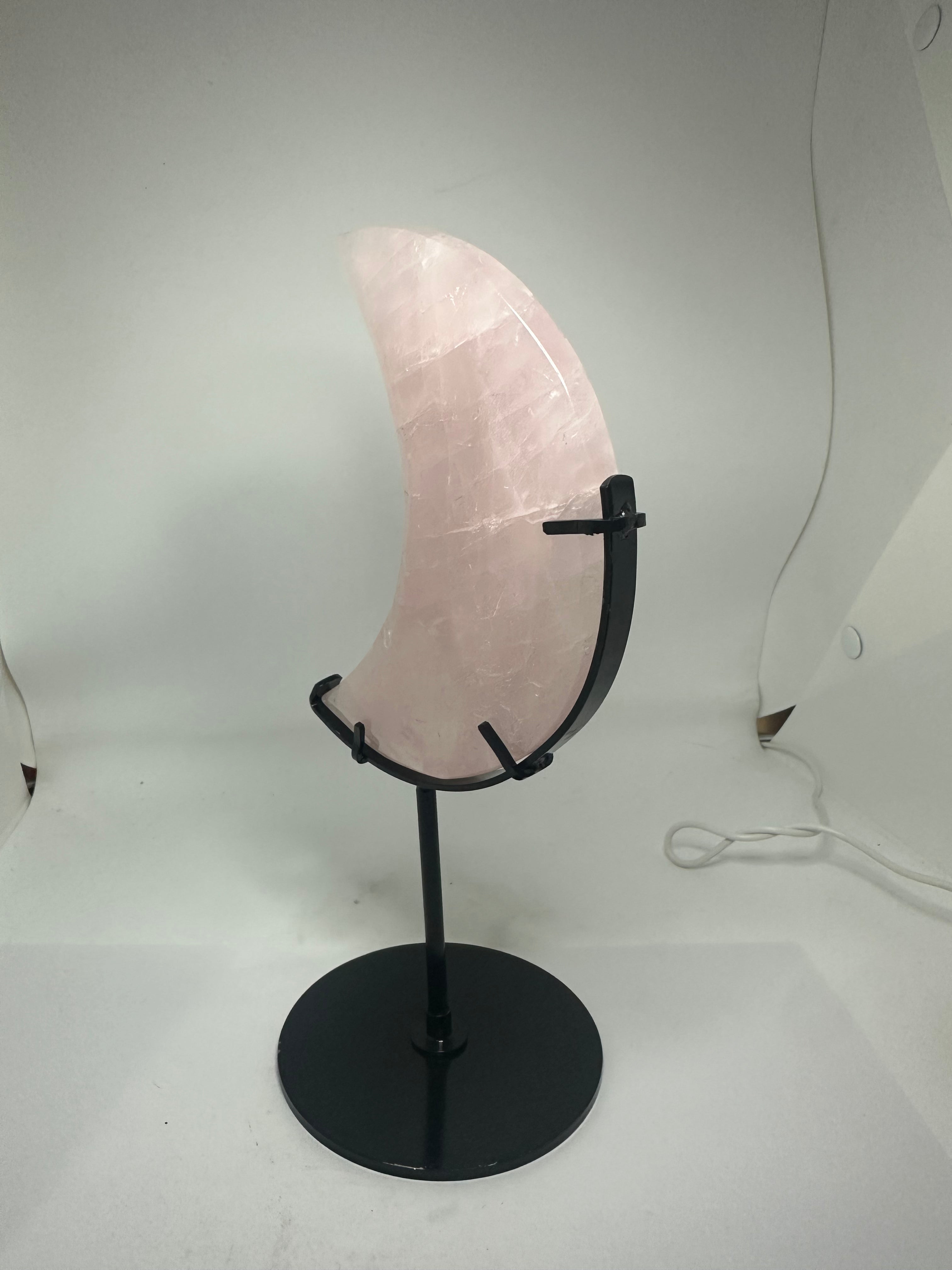 Rose Quartz Moon Carving on Custom Stand – 573g