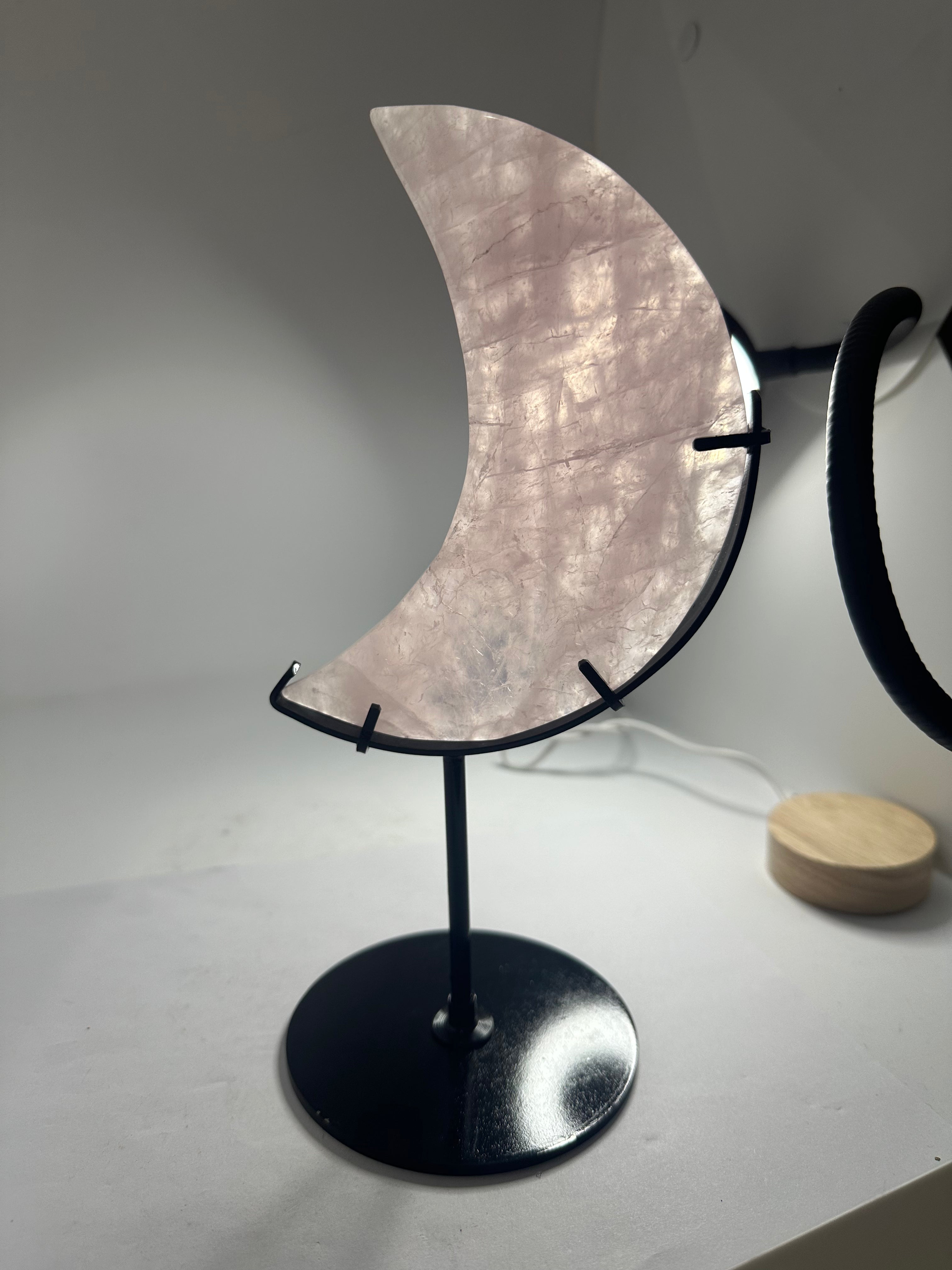 Rose Quartz Moon Carving on Custom Stand – 573g