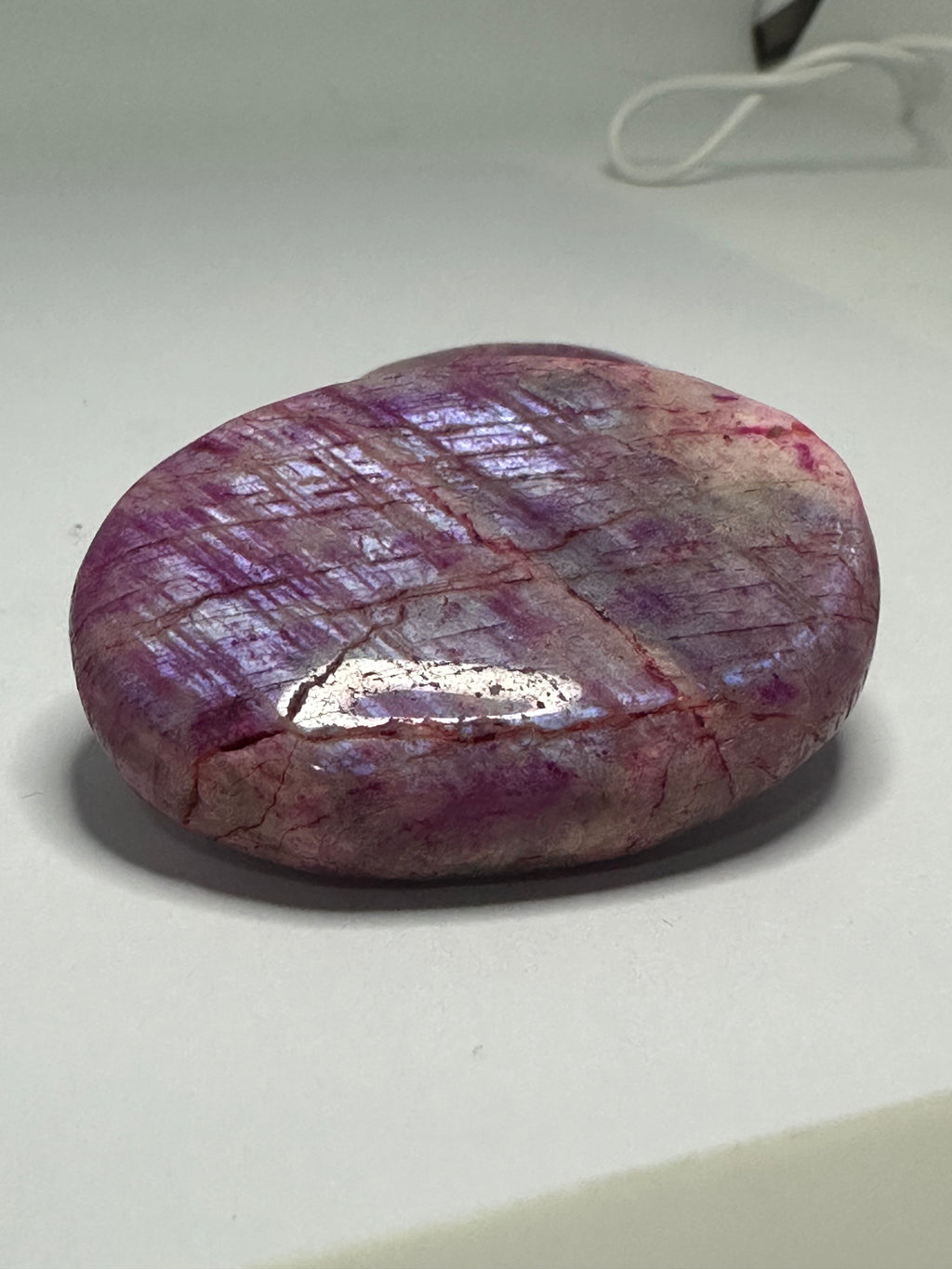Dyed Pink Moonstone Palm Stone with Blue Flash – 61g