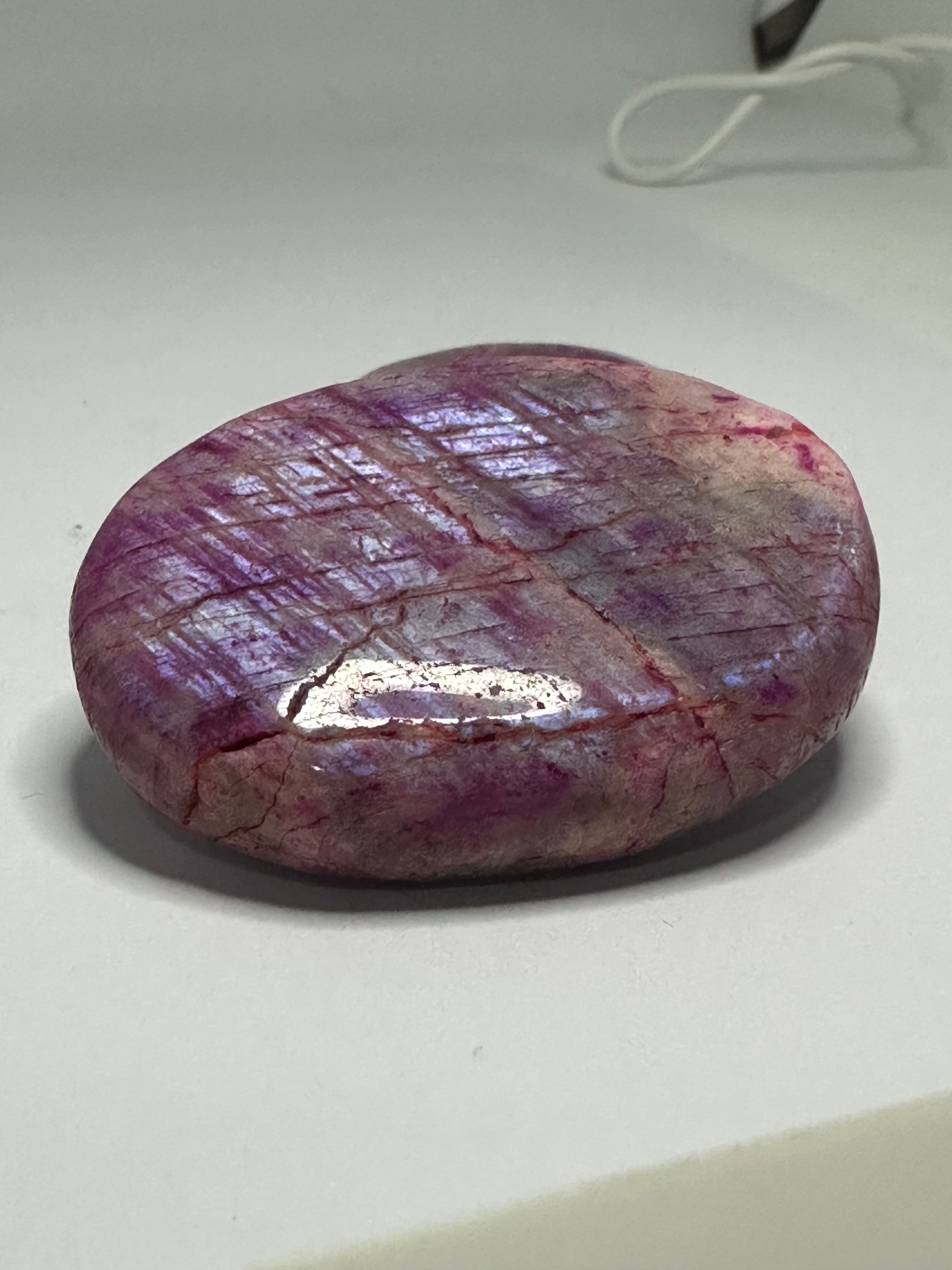 Dyed Pink Moonstone Palm Stone with Blue Flash – 61g
