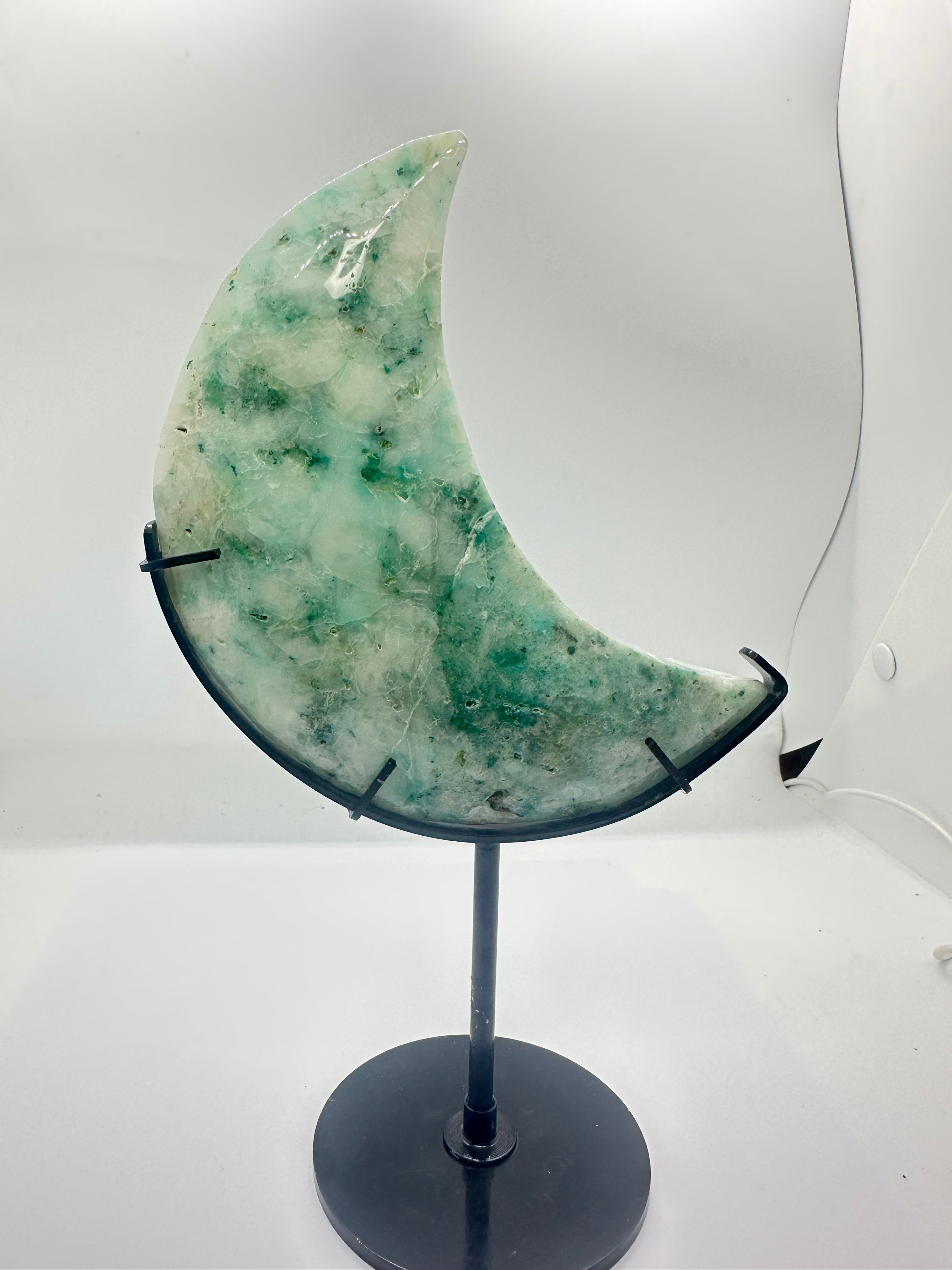 Phoenix Stone Moon Carving on Custom Stand - 646g on stand