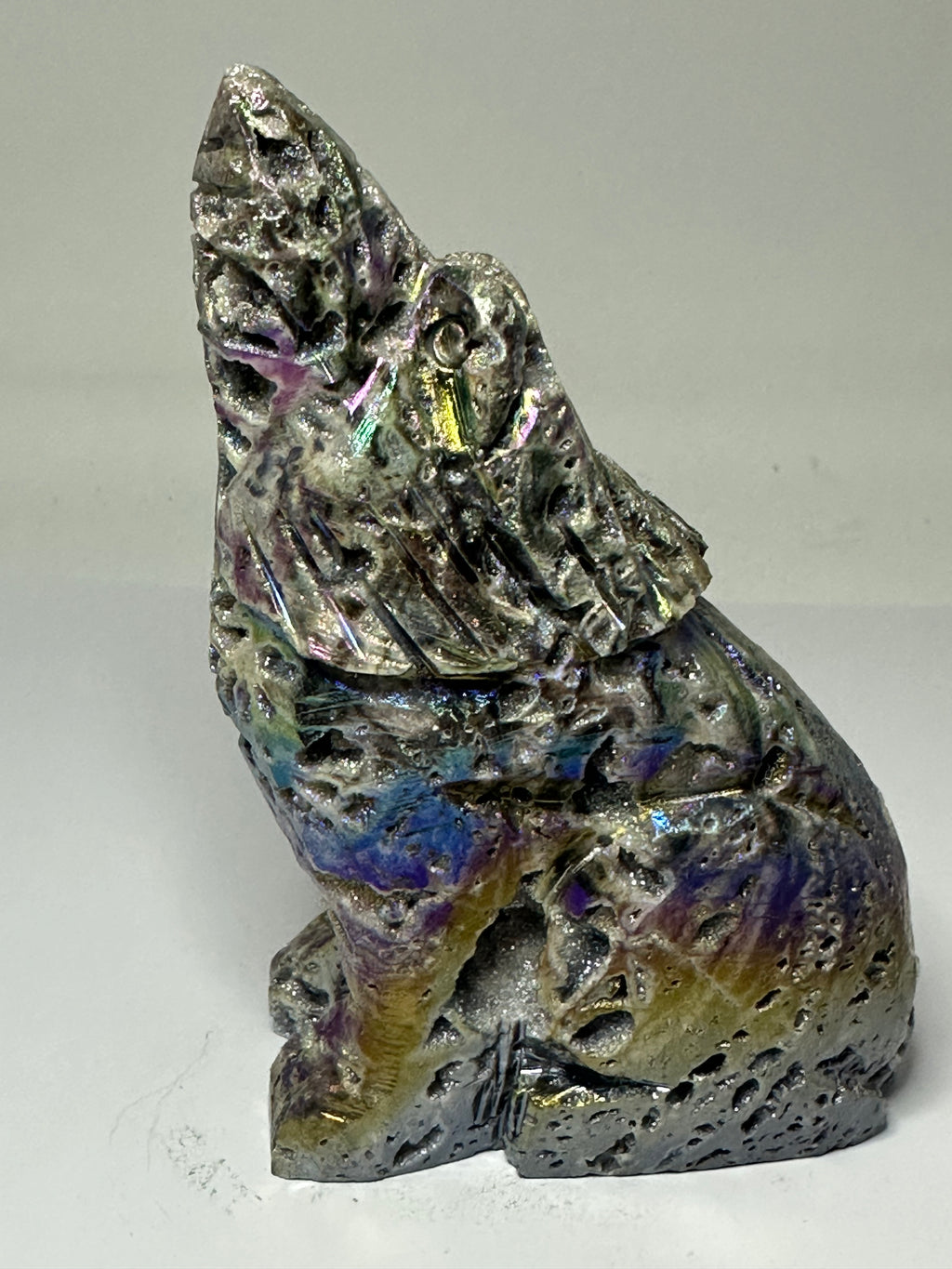 Aura Sphalerite Wolf Carving with Druzy – 428g