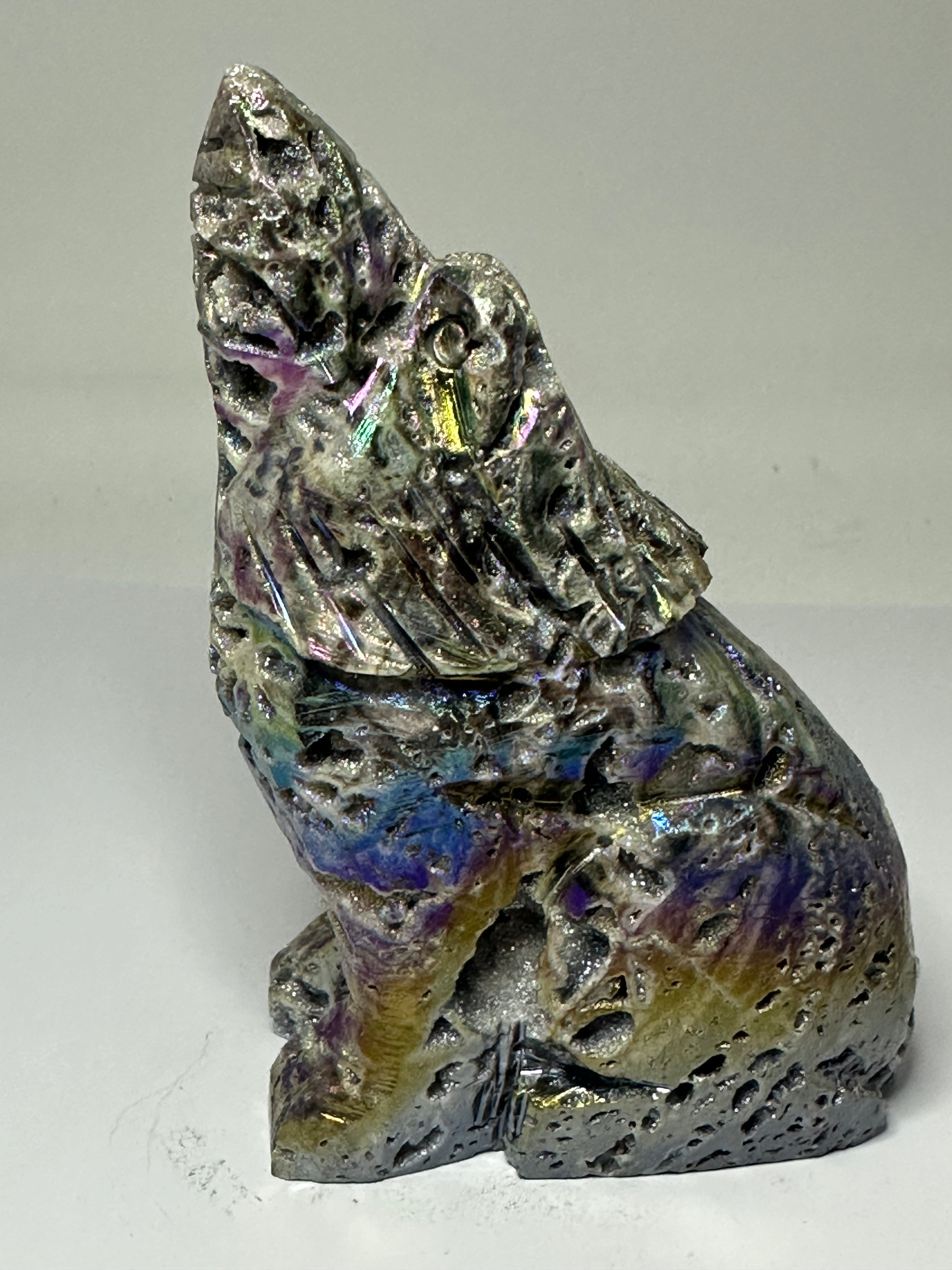 Aura Sphalerite Wolf Carving with Druzy – 428g