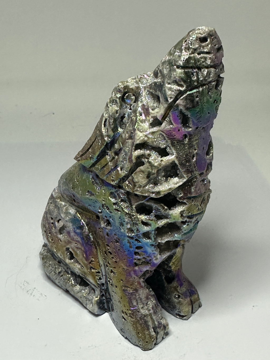 Aura Sphalerite Wolf Carving with Druzy – 428g