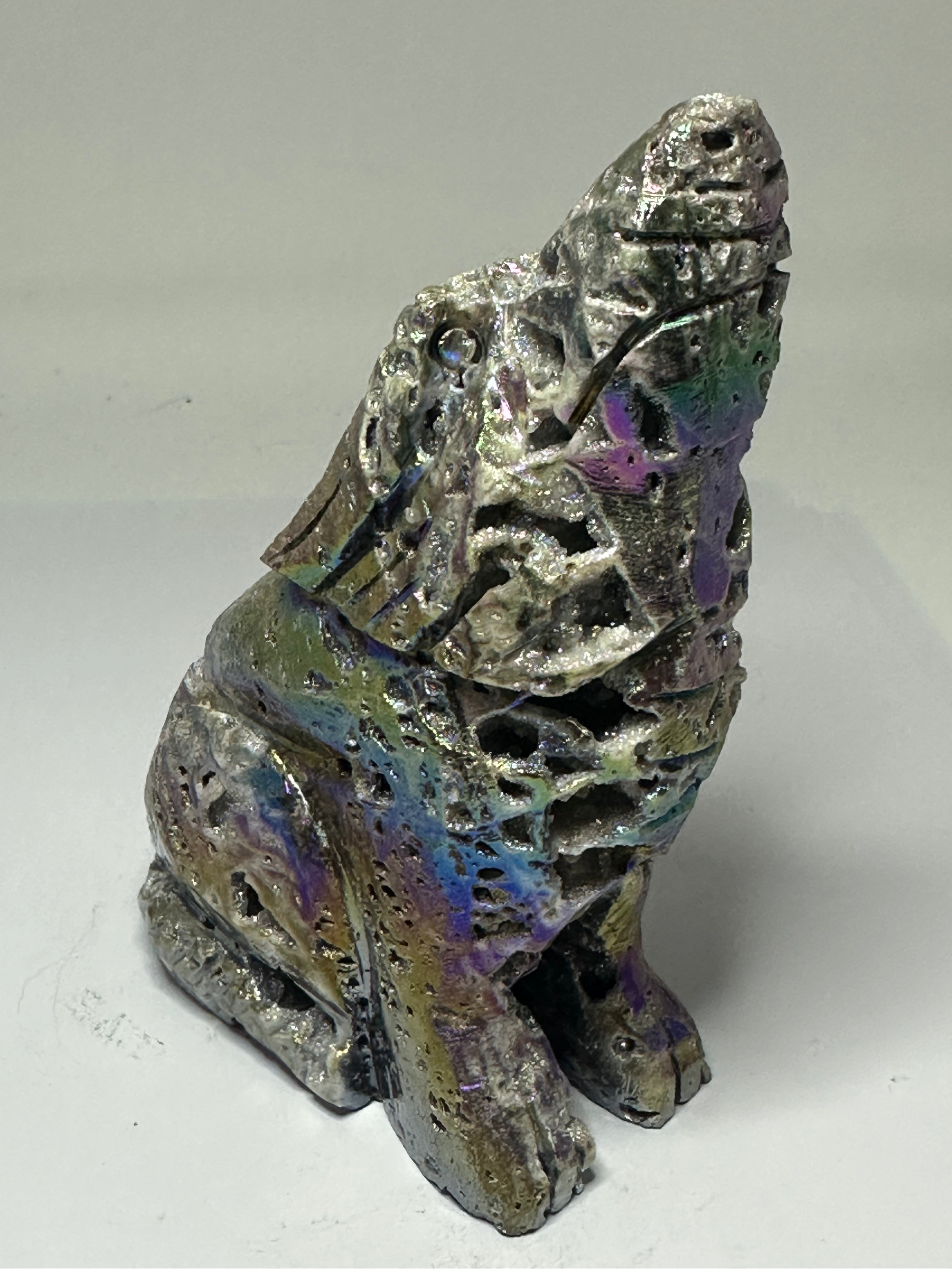 Aura Sphalerite Wolf Carving with Druzy – 428g