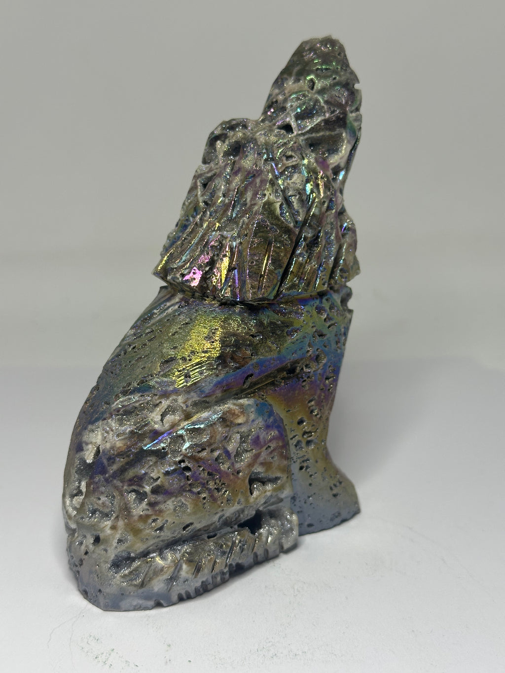 Aura Sphalerite Wolf Carving with Druzy – 428g