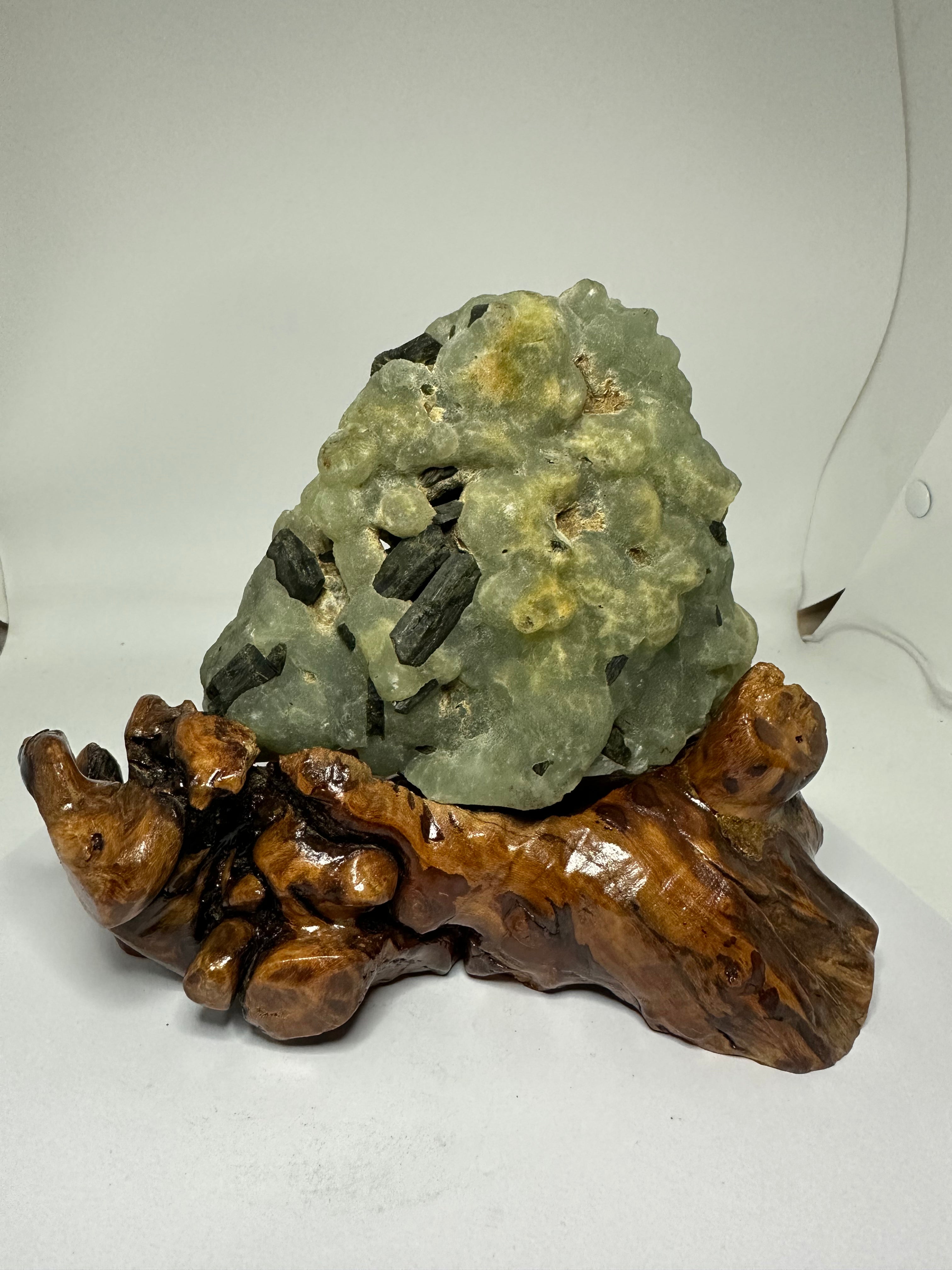 Prehnite Specimen with Tourmaline on Custom Wooden Stand – 985g