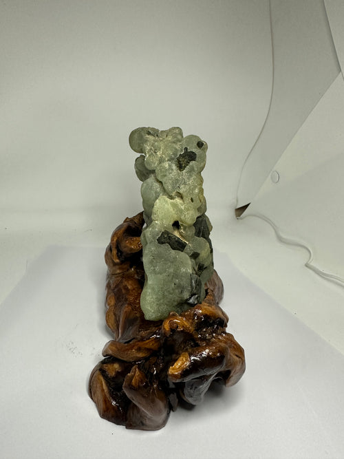 Prehnite Specimen with Tourmaline on Custom Wooden Stand – 985g