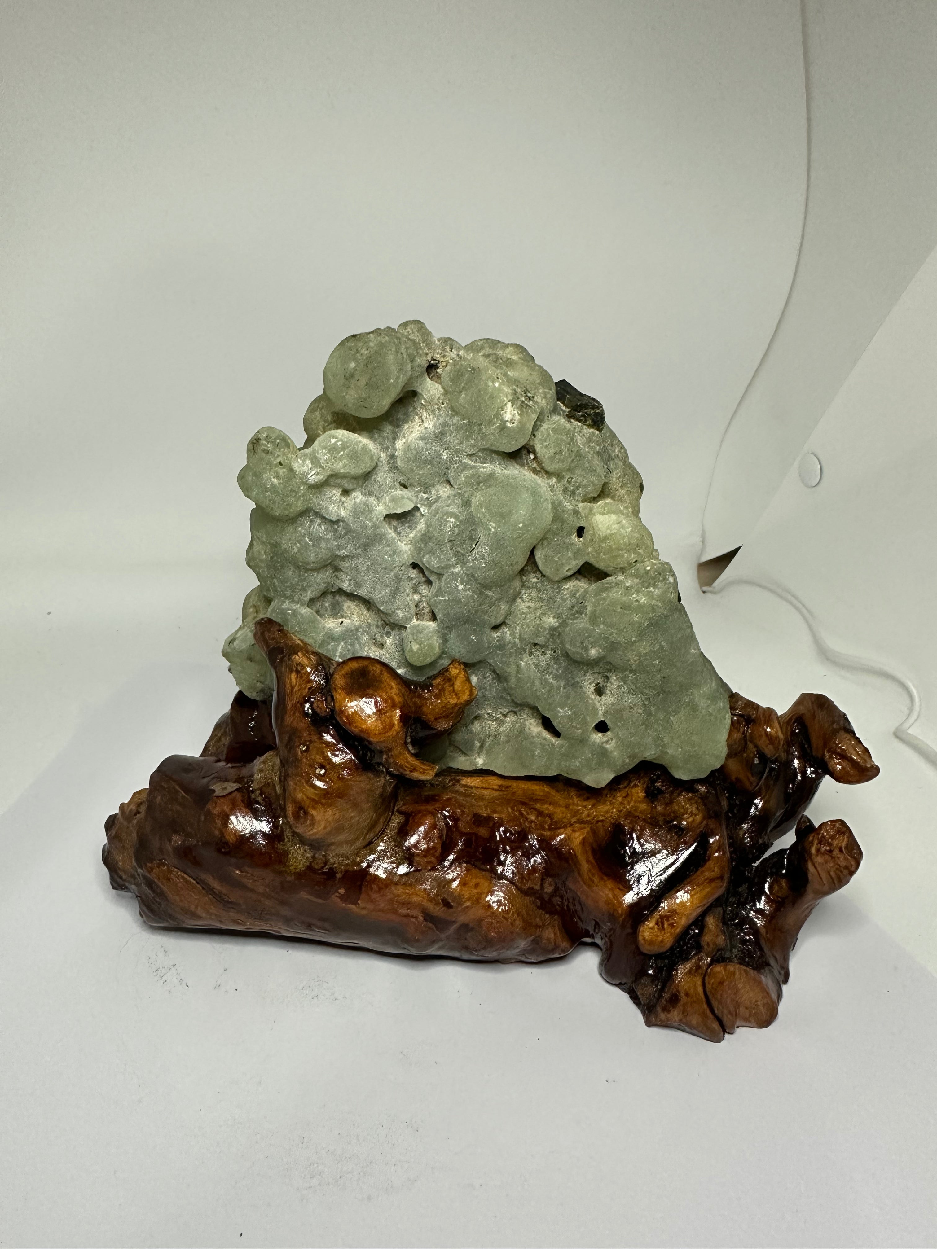 Prehnite Specimen with Tourmaline on Custom Wooden Stand – 985g