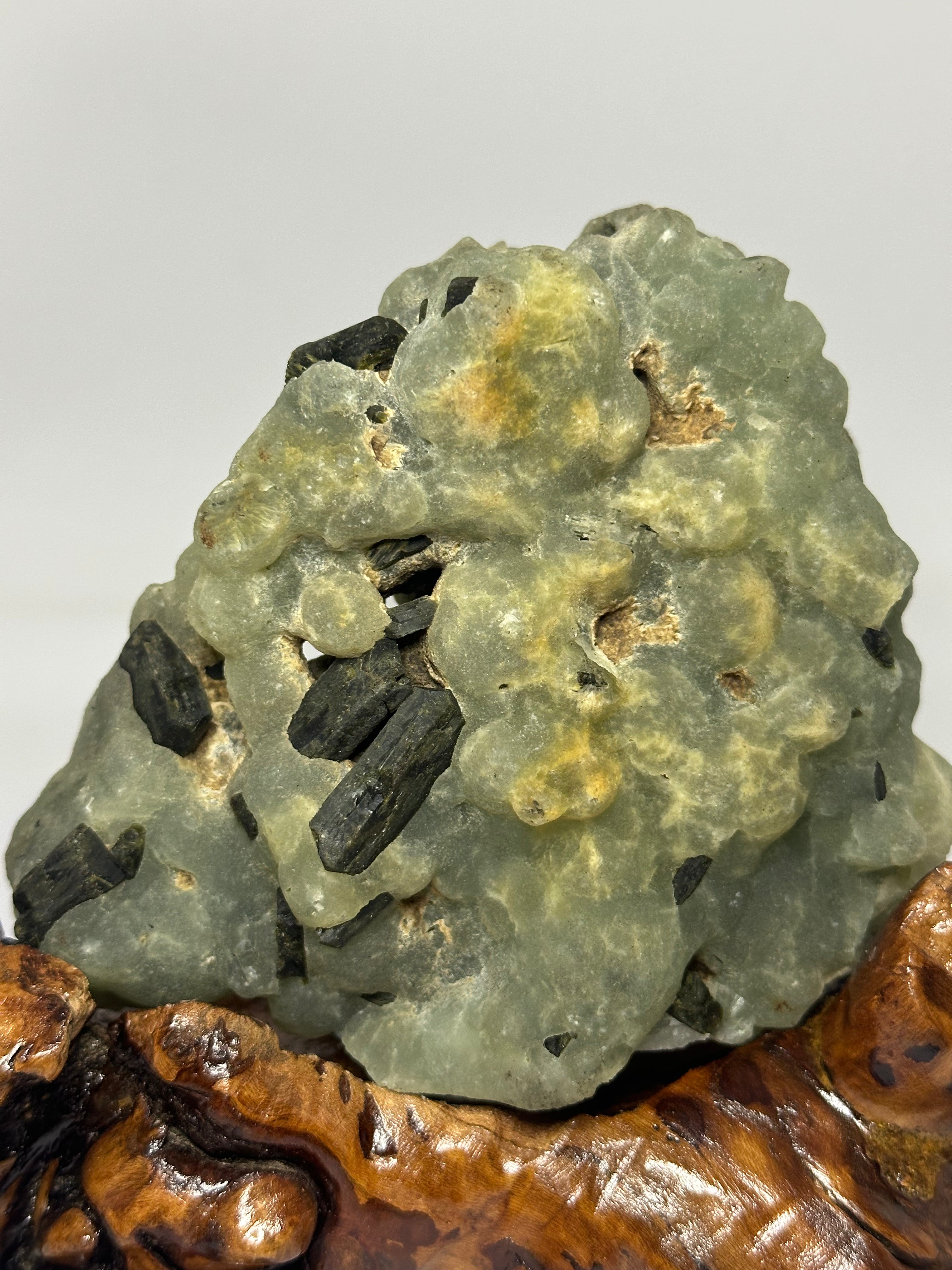 Prehnite Specimen with Tourmaline on Custom Wooden Stand – 985g