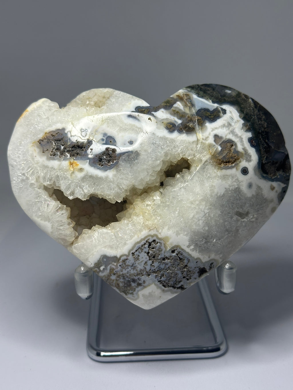 Moss Agate Heart with Druzy on Stand – 515g