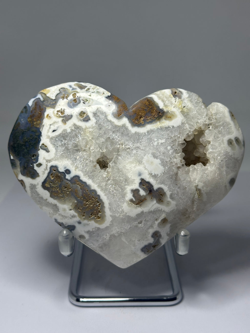 Moss Agate Heart with Druzy on Stand – 515g