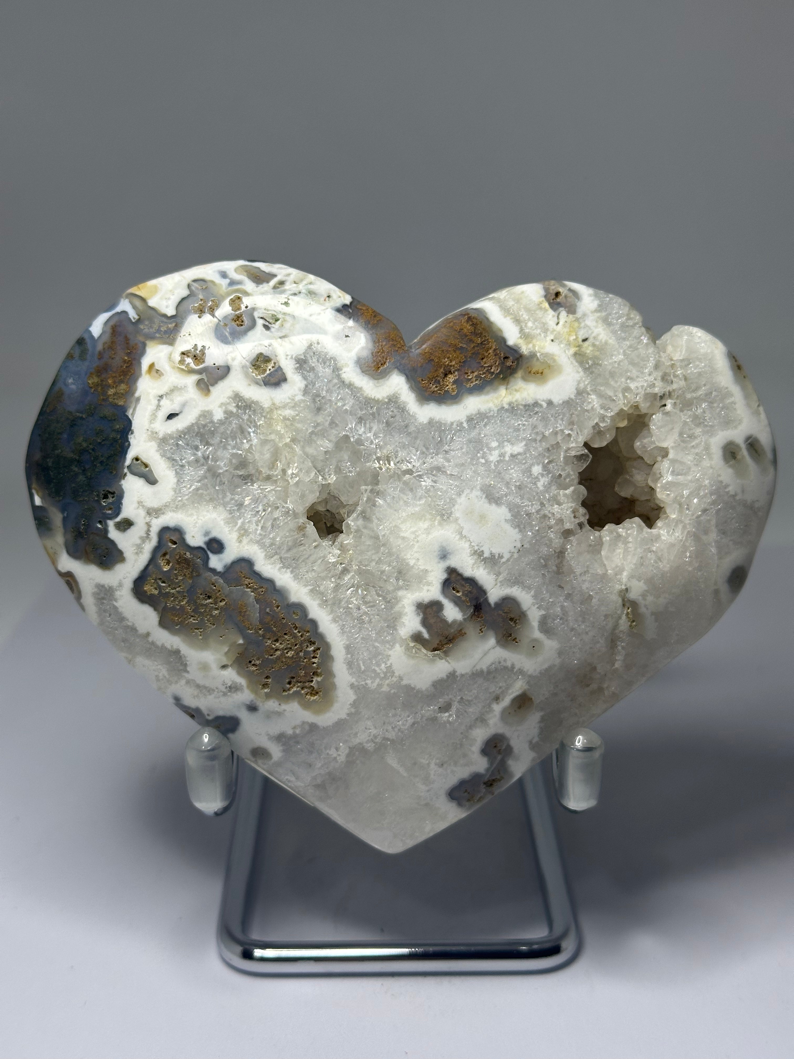 Moss Agate Heart with Druzy on Stand – 515g