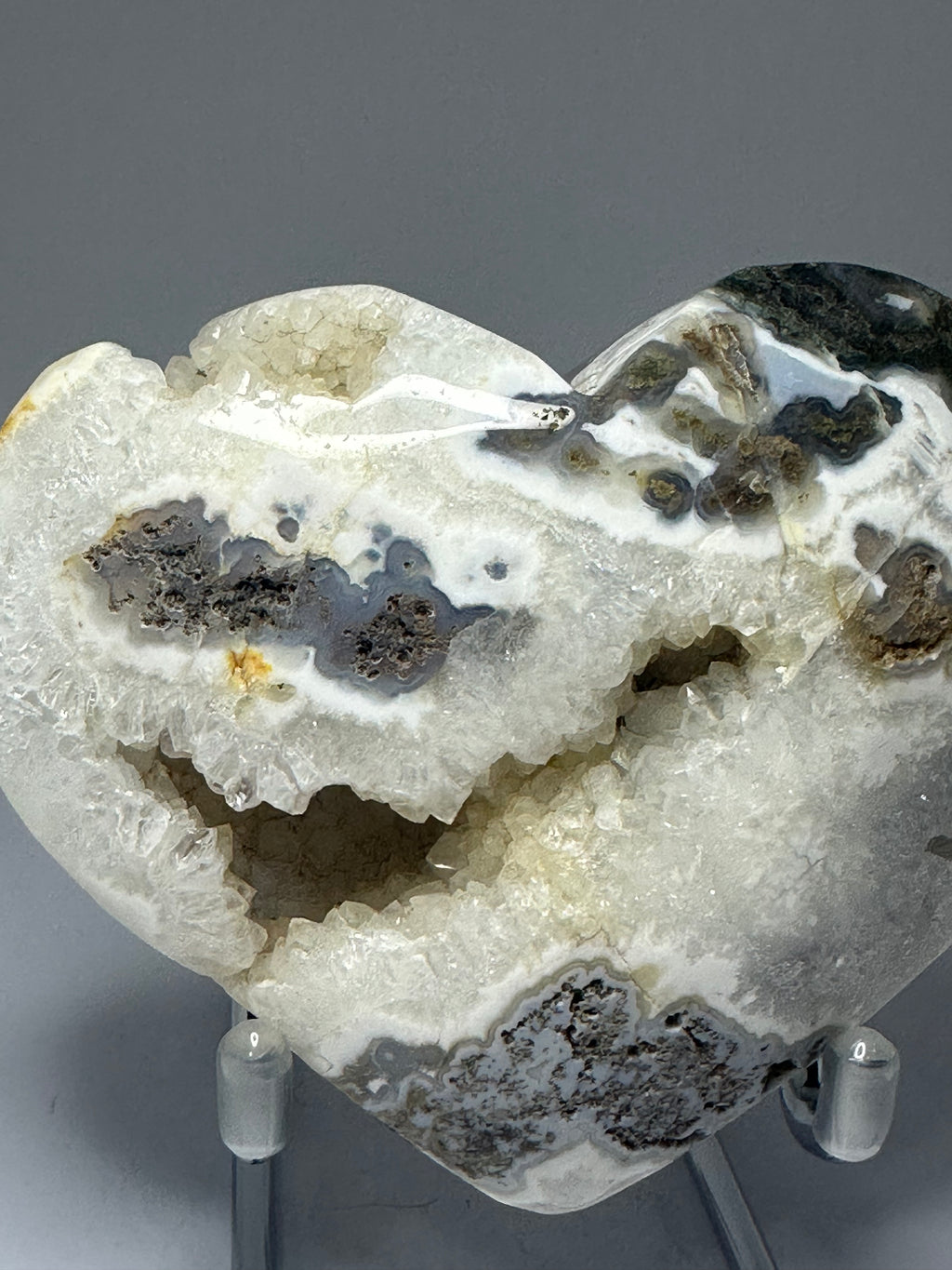 Moss Agate Heart with Druzy on Stand – 515g