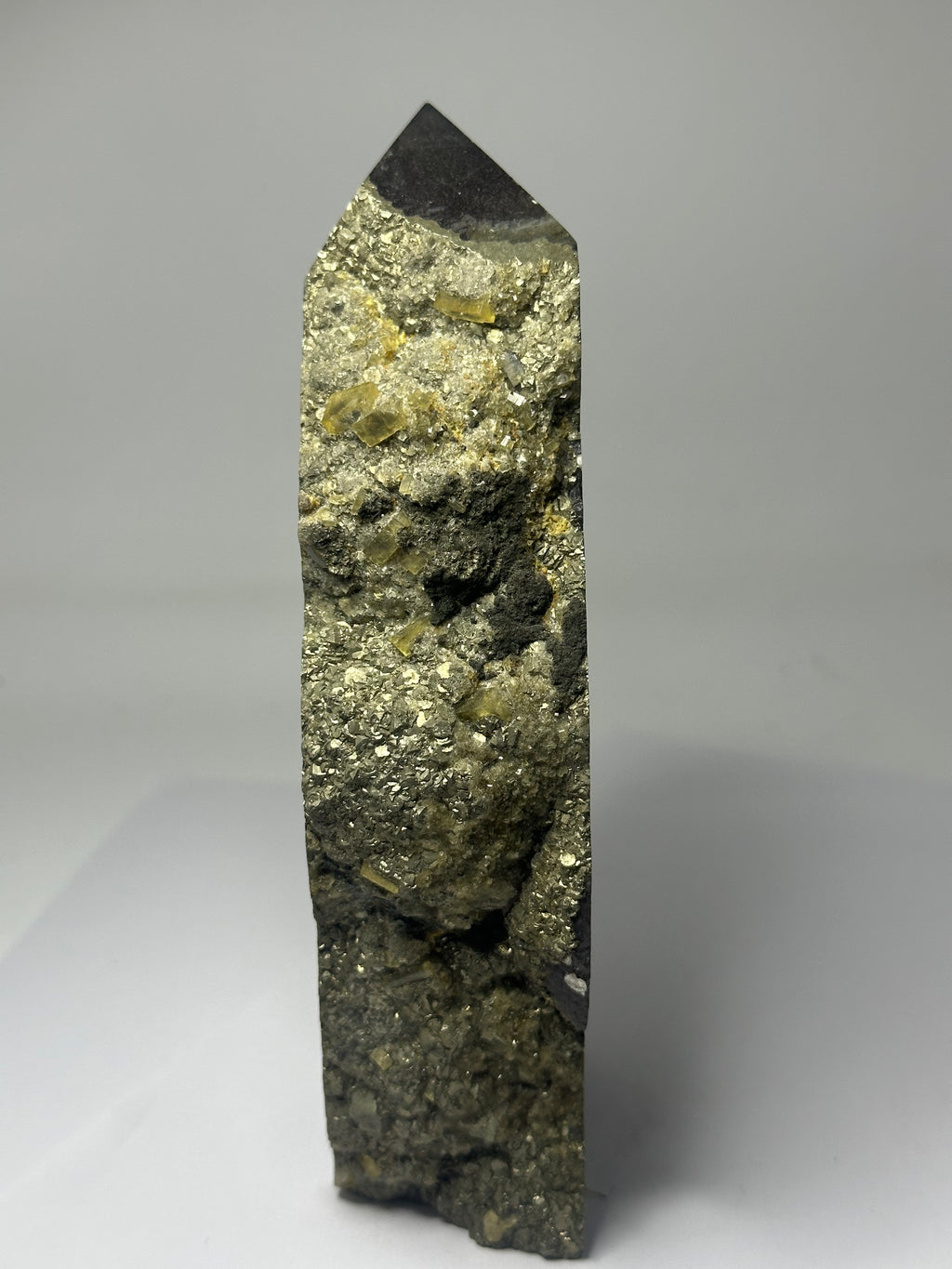 Transparent Fluorite Tower with Raw Edges & Pyrite Inclusions – 916g