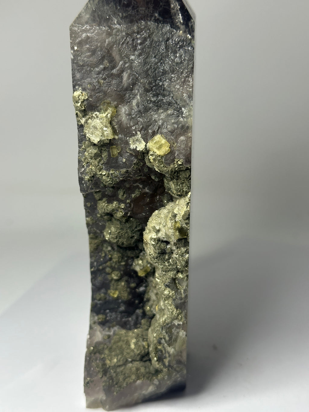 Transparent Fluorite Tower with Raw Edges & Pyrite Inclusions – 916g