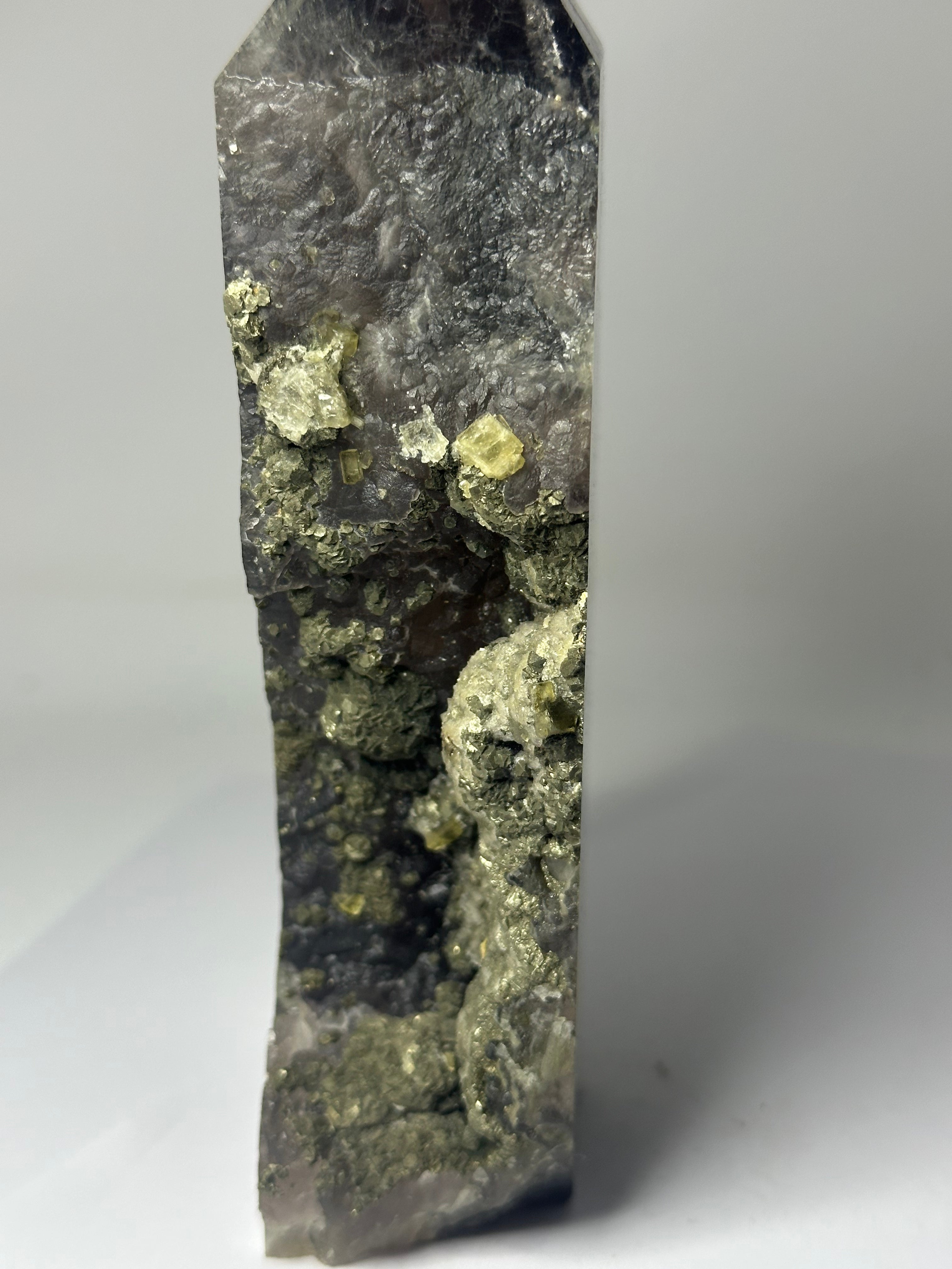 Transparent Fluorite Tower with Raw Edges & Pyrite Inclusions – 916g