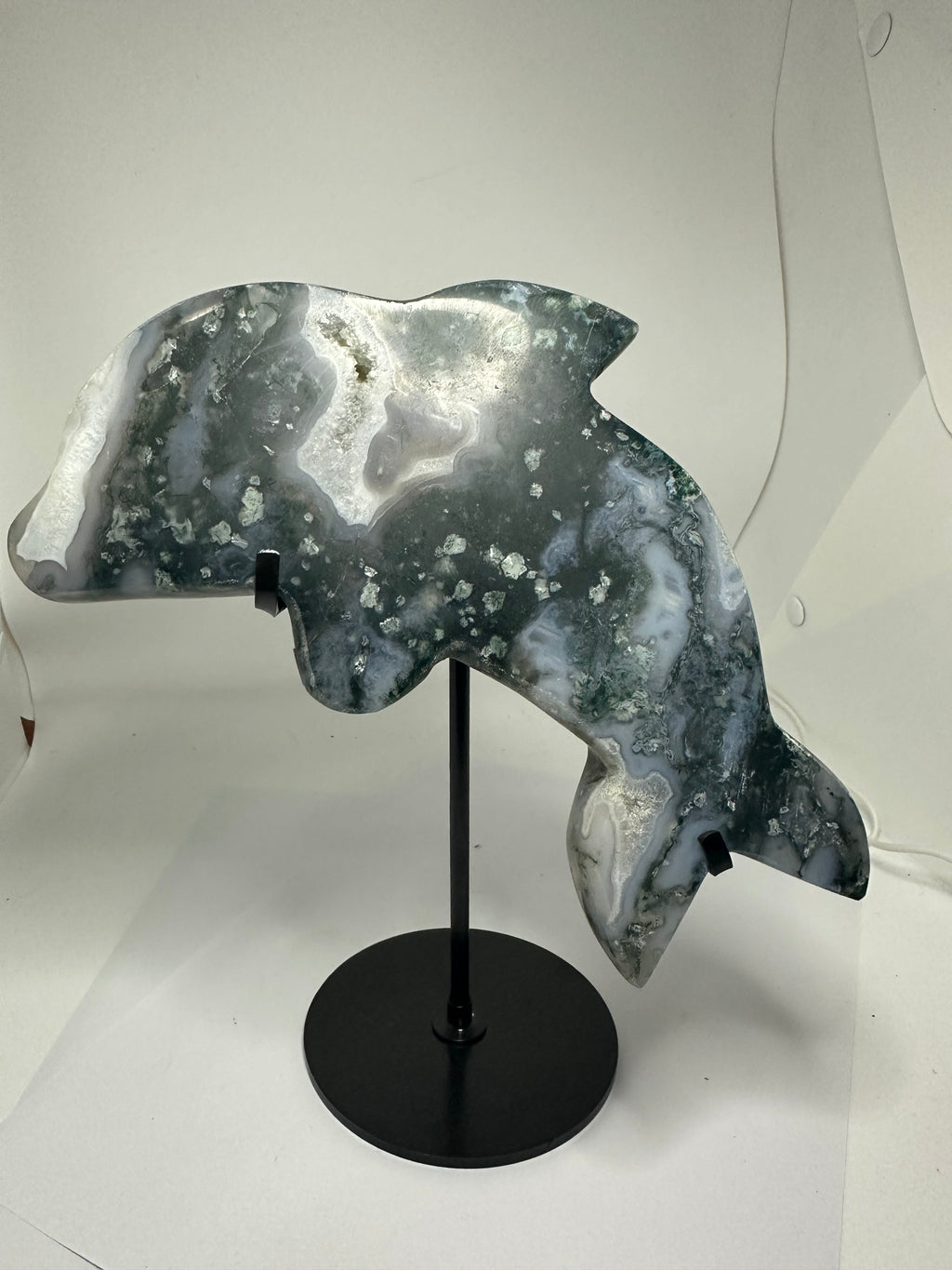 Moss Agate Dolphin Carving with Druzy on Custom Stand – 1.3kg