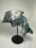 Moss Agate Dolphin Carving with Druzy on Custom Stand – 1.3kg