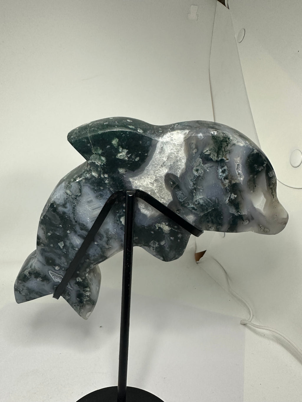 Moss Agate Dolphin Carving with Druzy on Custom Stand – 1.3kg