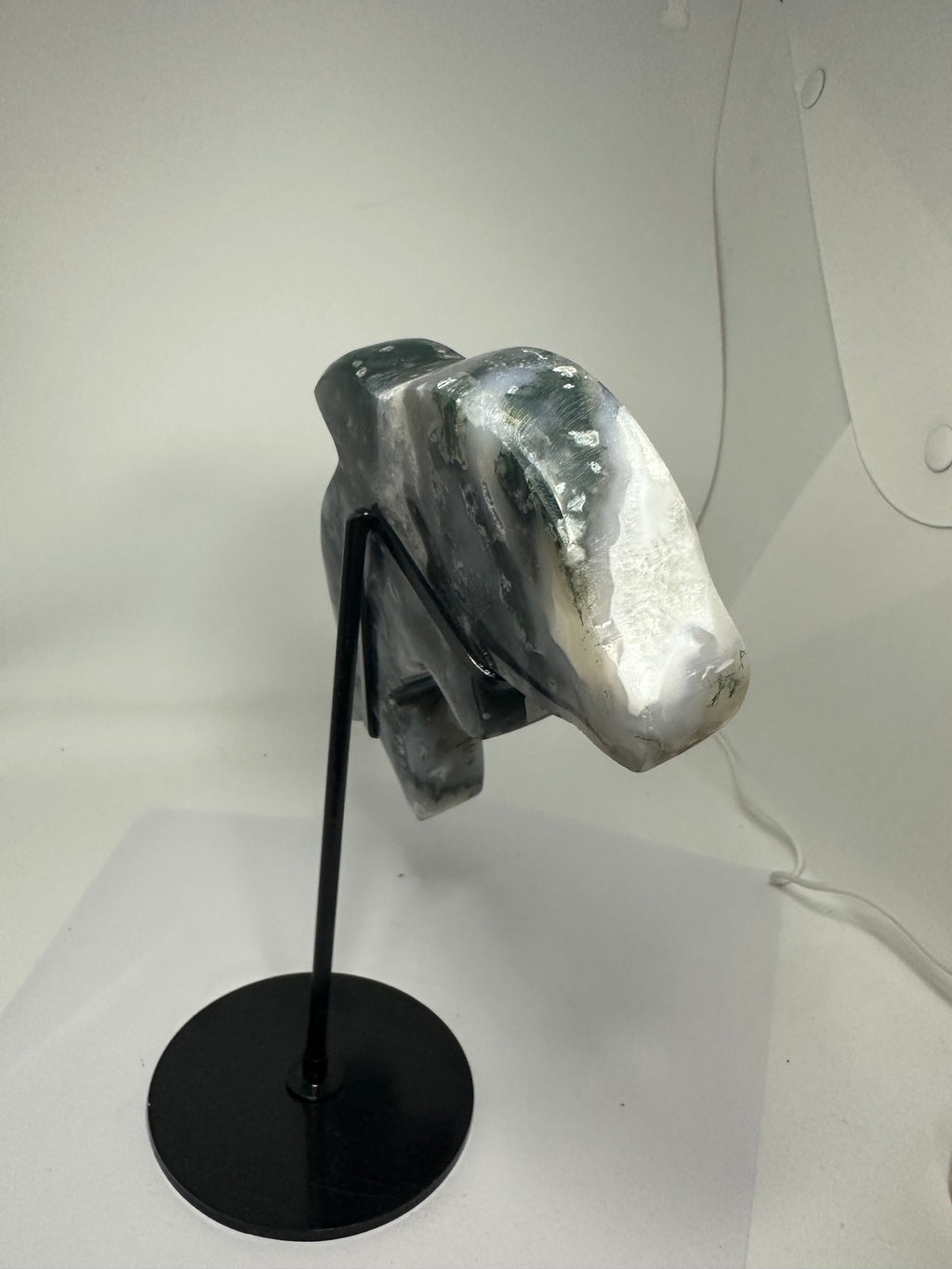 Moss Agate Dolphin Carving with Druzy on Custom Stand – 1.3kg
