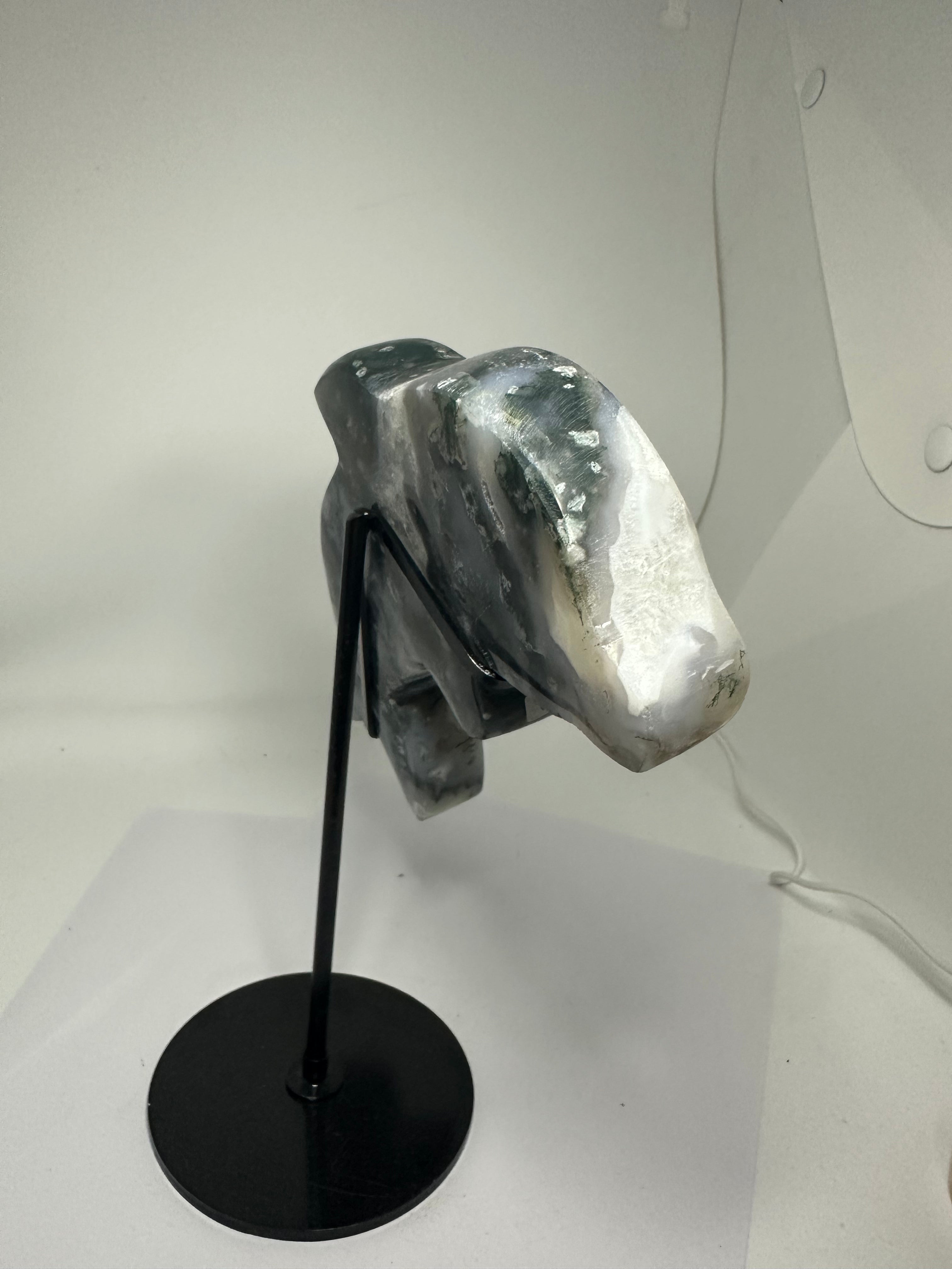 Moss Agate Dolphin Carving with Druzy on Custom Stand – 1.3kg
