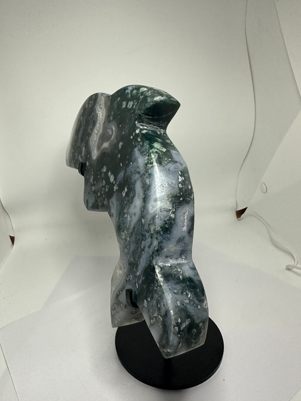 Moss Agate Dolphin Carving with Druzy on Custom Stand – 1.3kg